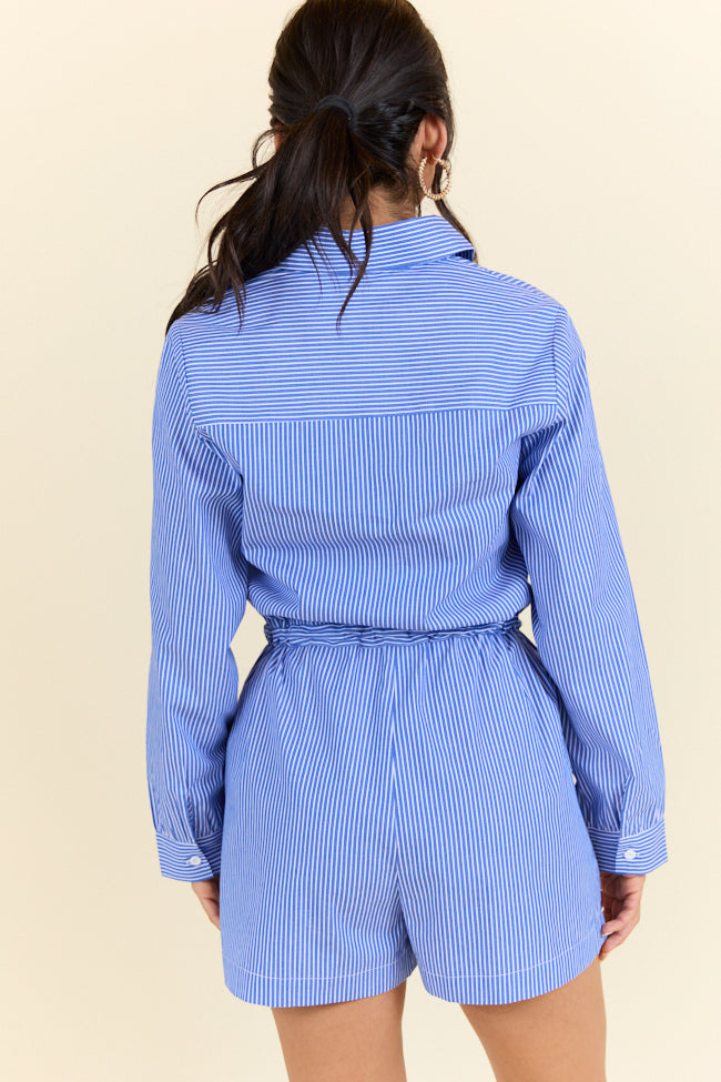 Days Off Blue Stripe Collared Romper for Women - Casual Summer Jumpsuit with Pockets | Perfect for Beach, Vacation & Outdoor Activities