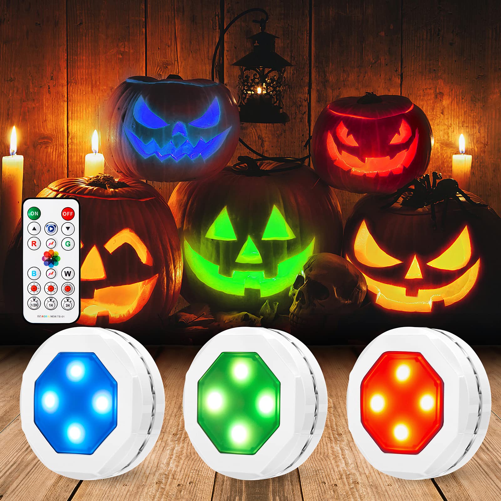Dimmable RGB LED Pumpkin Lights - Remote Control Halloween Decor (3 Pack) for Indoor/Outdoor