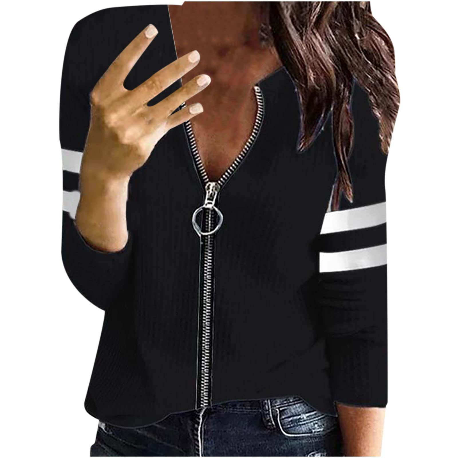 Women's Striped Long Sleeve Waffle Knit Pullover - Soft V-Neck Zipper Blouse, Loose Fit Casual Warm Tee for Fall & Winter | Perfect for Layering, Office Wear, and Weekend Outfits