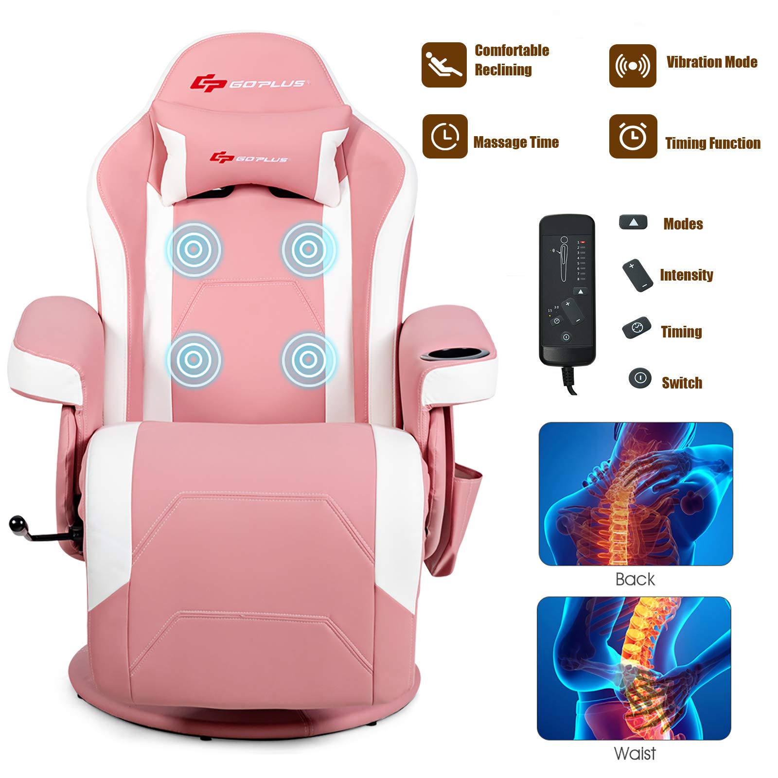 Powerstone Ergonomic Gaming Recliner Chair with Massage, Cup Holder & Footrest - PU Leather Video Game Chair with Adjustable Backrest & Side Pouch - Pink Gaming Sofa for Living Room, Home Theater & Esports Setup