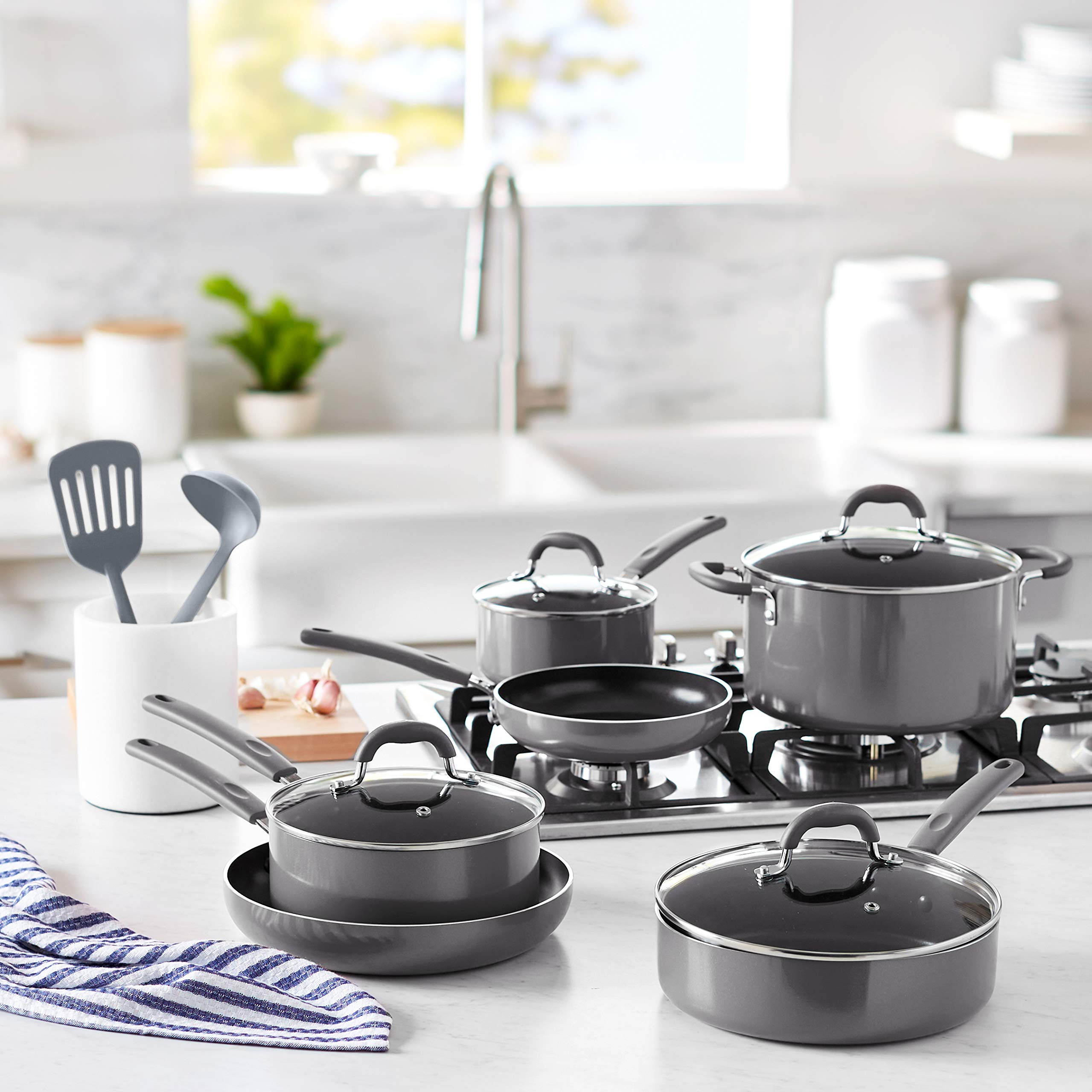 Amazon Basics Ceramic Non-Stick 12-Piece Cookware Set - Gray Pots, Pans & Utensils for Everyday Cooking, Frying & Baking | Dishwasher Safe & Oven Safe Up to 350°F