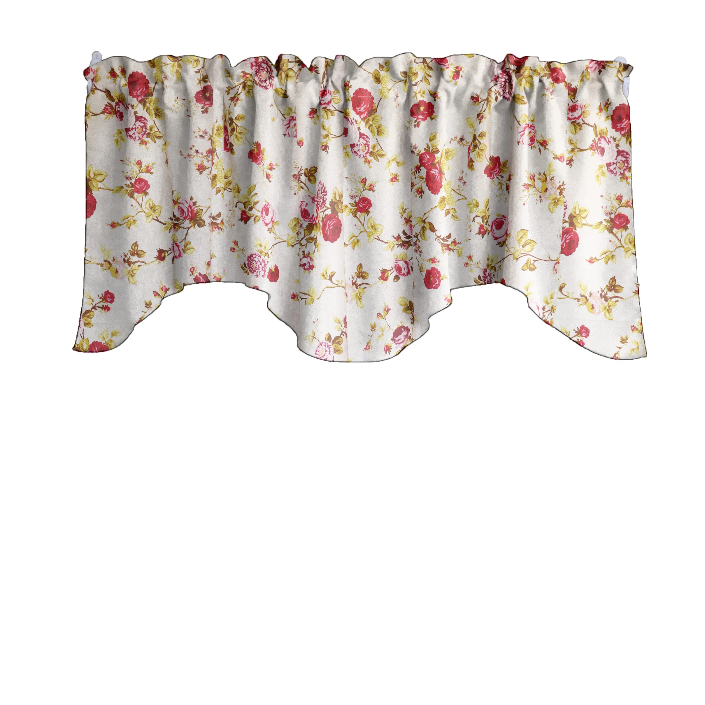 Vintage Floral Roses Print Scalloped Wave Cotton Window Valance - Home Décor for Bedroom, Nursery & Kitchen - Red - Perfect for Farmhouse, Boho & Cottage Style Window Treatments