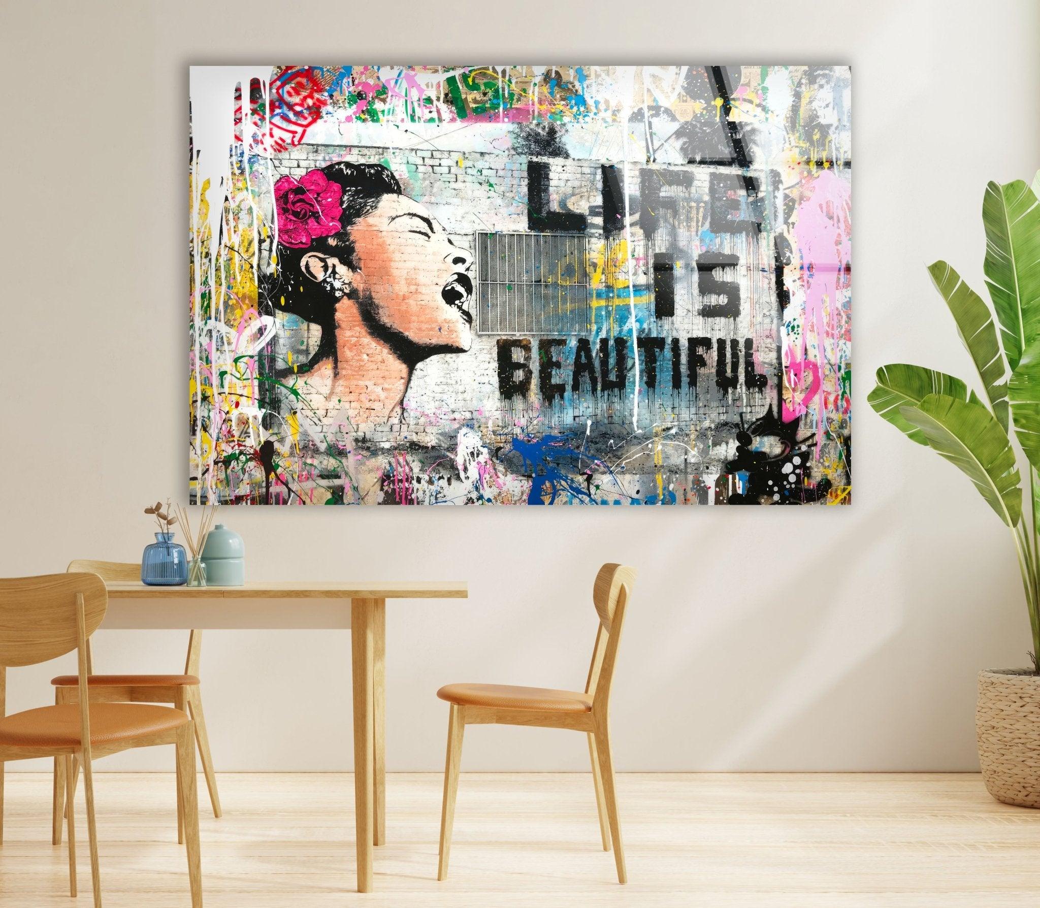 Banksy Life is Beautiful Glass Wall Art - Modern Home Decor for Living Room, Bedroom & Office - Unique Street Art Inspired Glass Print