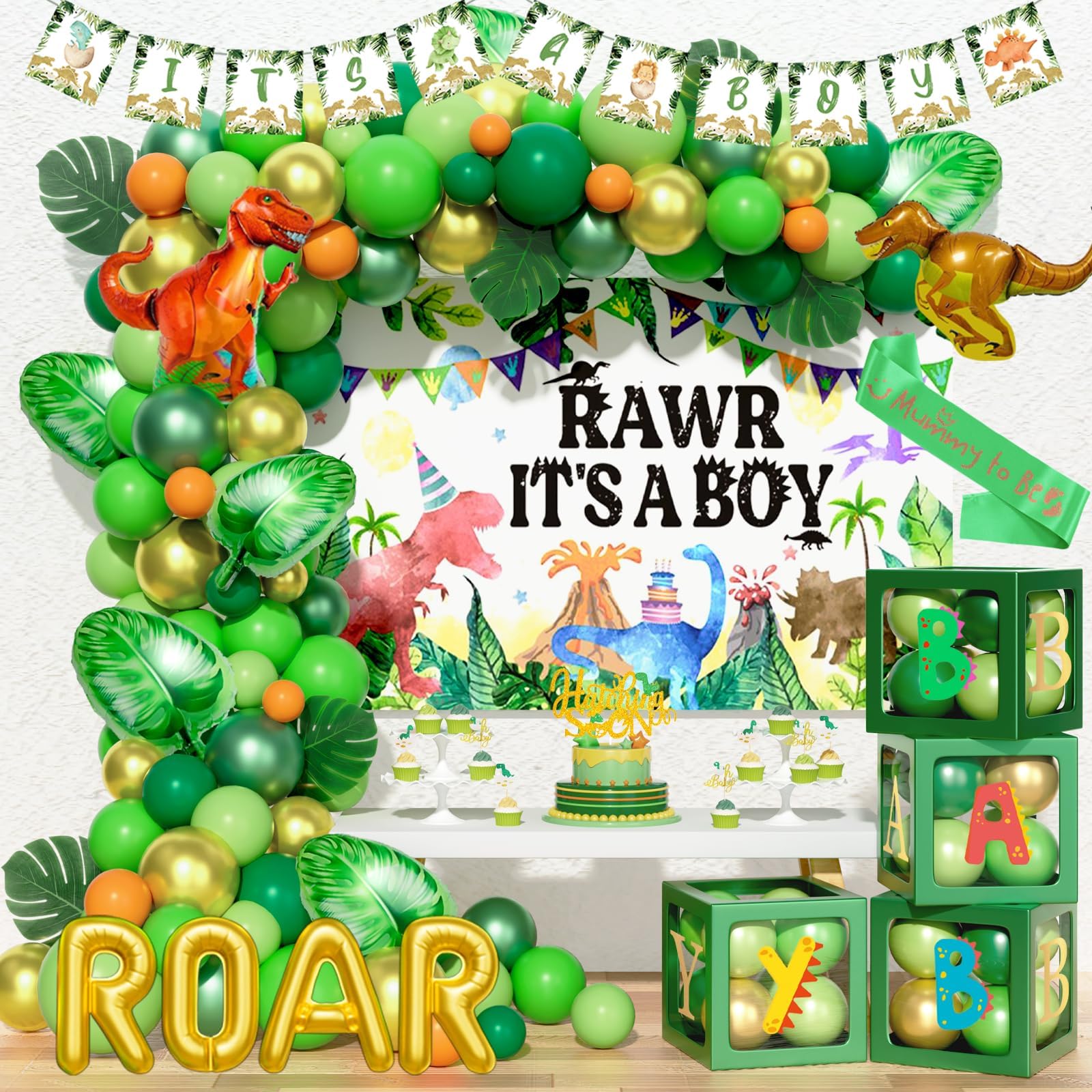 Dinosaur Baby Shower Decorations for Boys - Dino Themed Party Supplies with Backdrop, Balloon Banner, Cake Topper & Mummy Sash in Green & Gold | Perfect for Gender Reveal, First Birthday & Nursery Decor