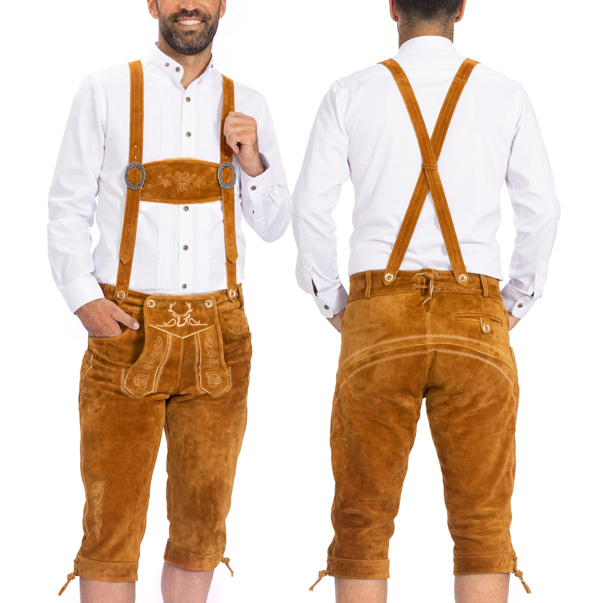 Authentic German Lederhosen for Men - Genuine Leather Bavarian Traditional Oktoberfest Pants - Light Brown Knee-Length - Perfect for Oktoberfest, Beer Festivals & Cultural Events
