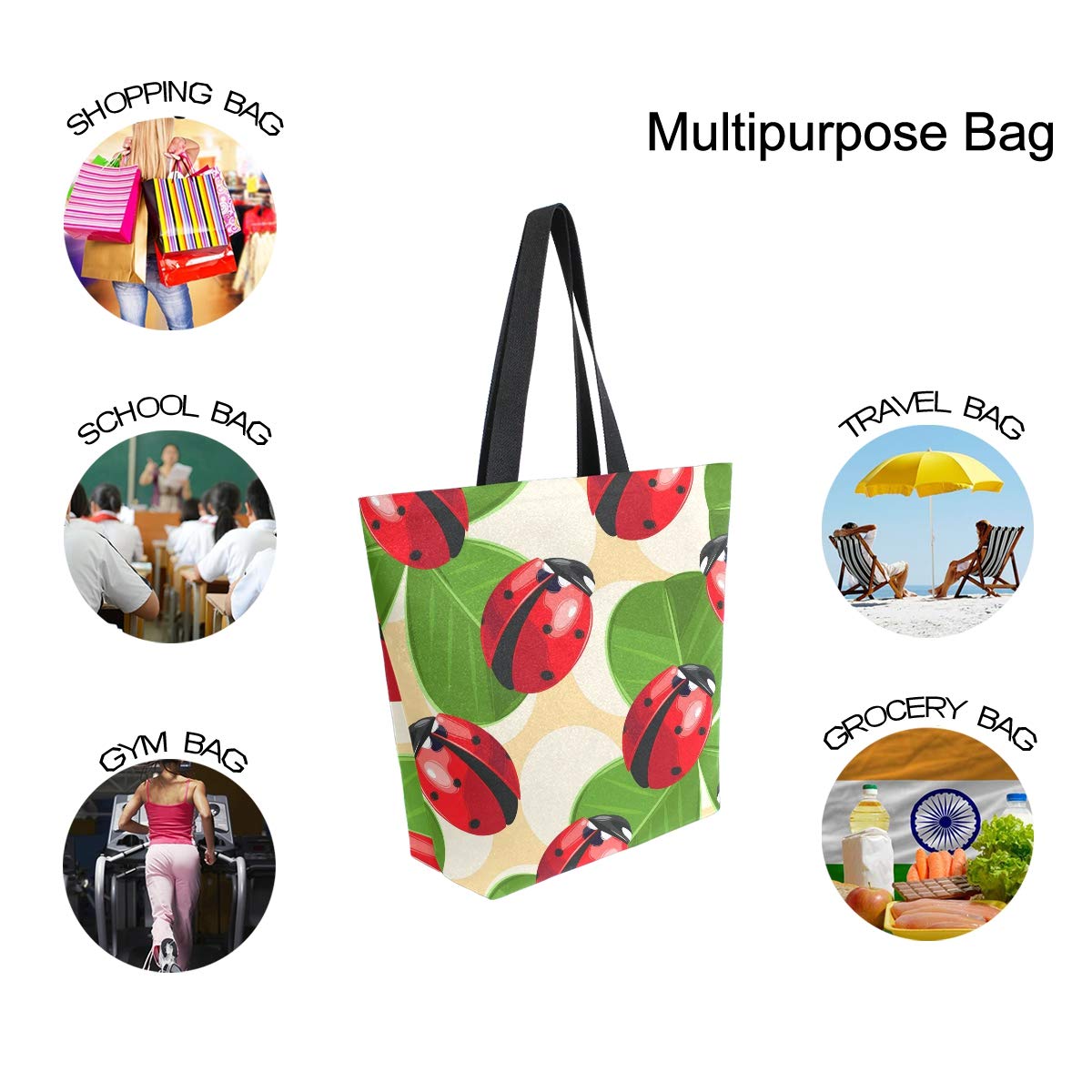 ALAZA Ladybug and Clover Canvas Tote Bag for Women - Large Reusable Cotton Shoulder Bag for Travel, Work, Shopping & Groceries | Perfect Eco-Friendly Handbag for Everyday Use, Beach Trips and Farmers Market