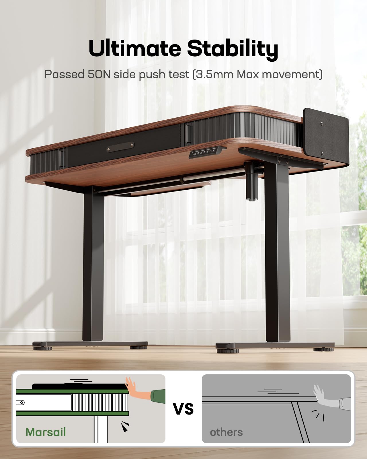 Marsail 55 x 28 Inches Electric Standing Desk - Height Adjustable Whole-Piece Desktop with 3 Drawers & 3 Memory Presets - Perfect for Home Office, Gaming Setup and Remote Workstation