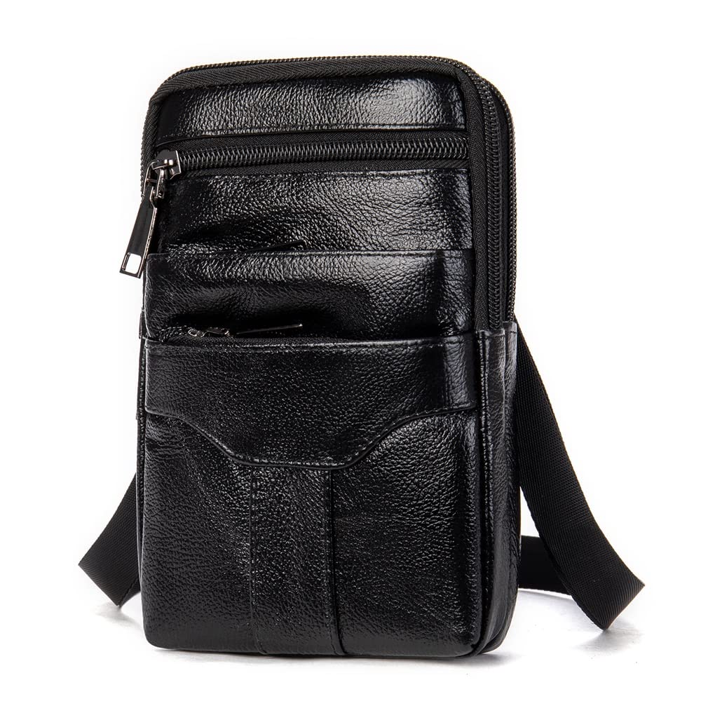 Premium Leather Shoulder Holster for Cell Phone & Mini Tablet - Black Vertical Messenger Bag with Belt Clip & Carabiner - Ideal for Travel, Work & Outdoor Activities