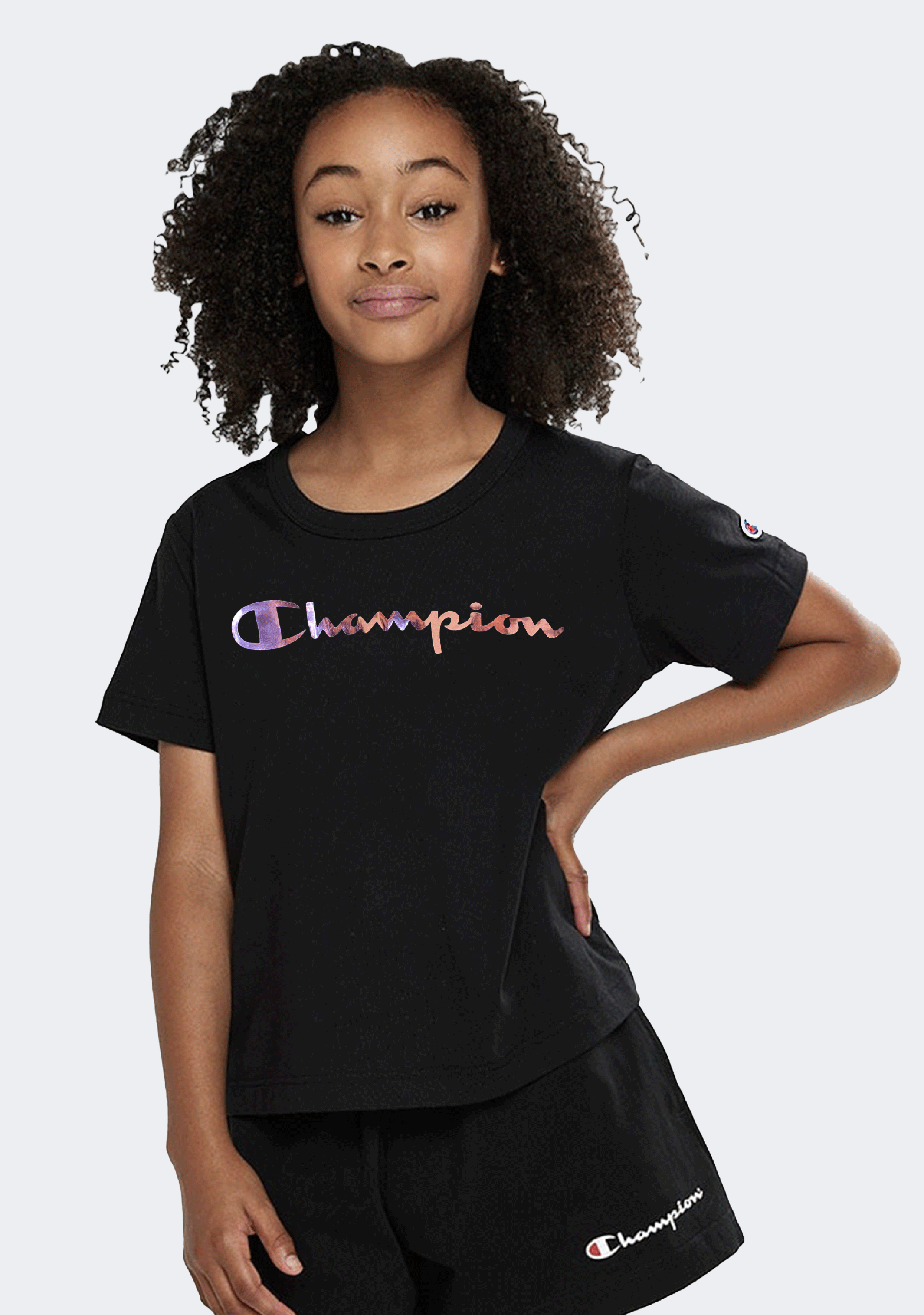 Champion Junior Foil Script Tee - Kids Graphic T-Shirt for Boys & Girls | Soft Cotton Short Sleeve Top for School, Play & Everyday Wear