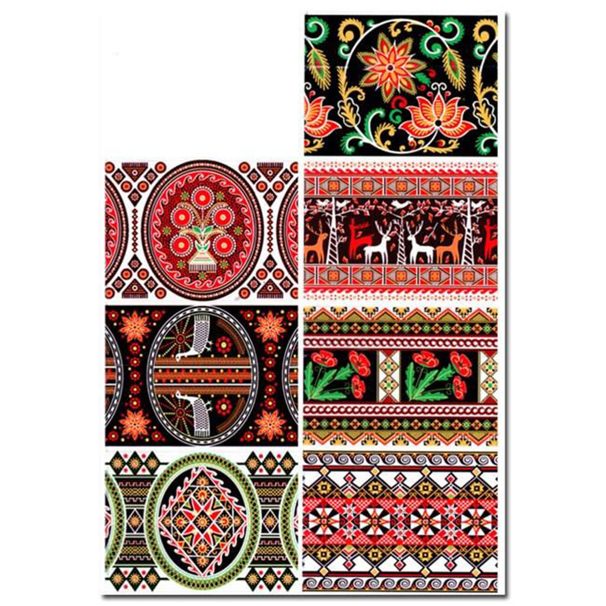 7 Red & Black Deer, Birds & Florals Ukrainian Easter Egg Decorating Wraps - Heat Shrink Sleeves for DIY Easter Decorations, Holiday Crafts & Spring Party Favors