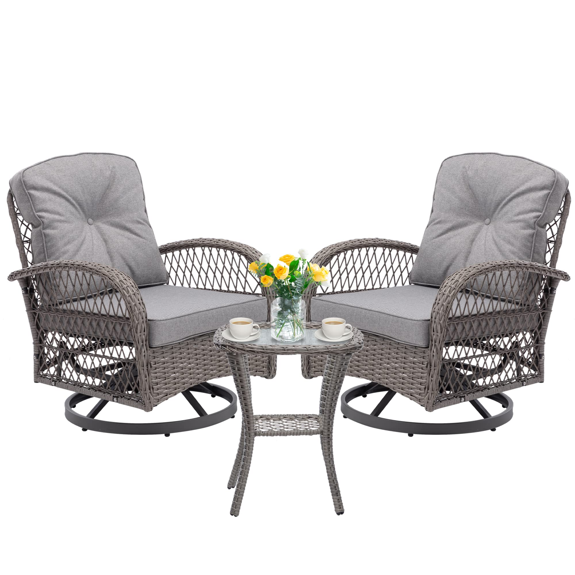 360° Swivel Rocking Patio Chairs Set with Cushions & Coffee Table - 3-Piece Outdoor Wicker Bistro Furniture for Garden, Balcony & Backyard Relaxation