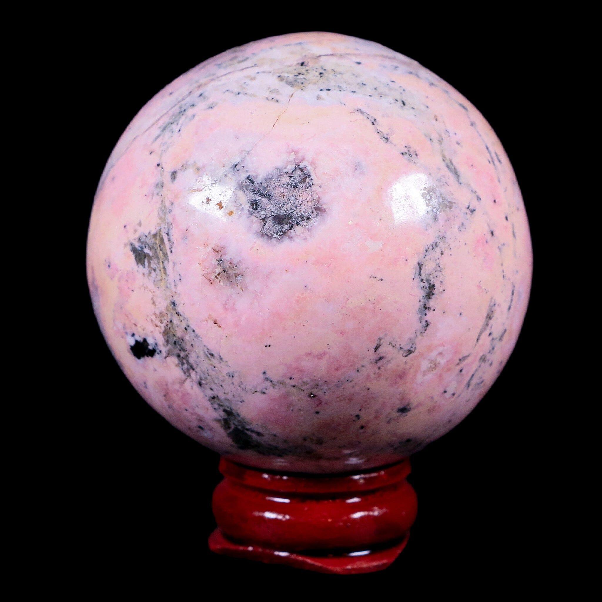 Natural Rhodonite Crystal Sphere Ball - 52mm XL Size with Rosewood Stand from Peru - Perfect for Meditation, Healing, and Home Decor