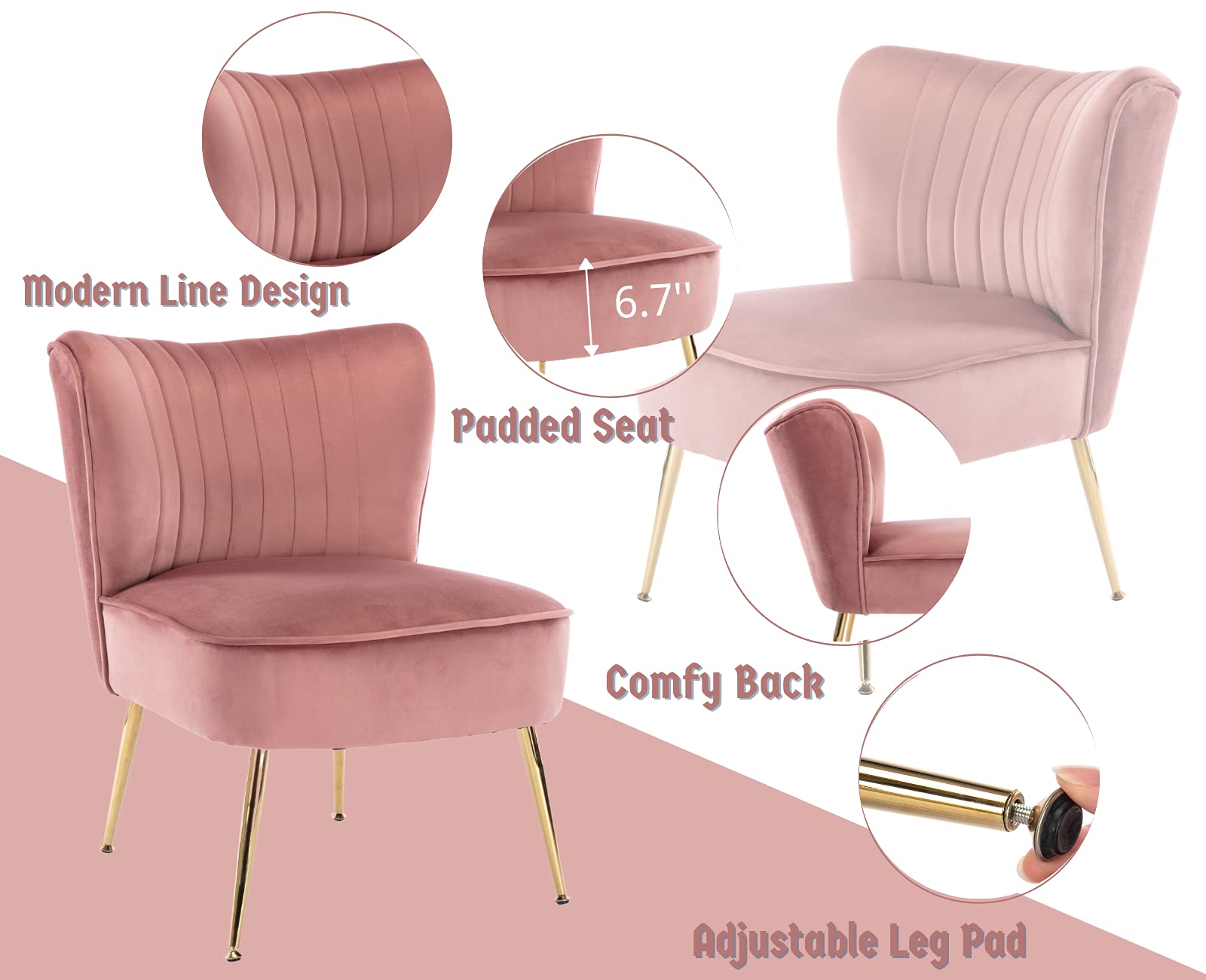 CIMOTA Velvet Accent Chairs Set of 2 - Modern Armless Slipper Chairs with Golden Legs, Wingback Design for Living Room, Bedroom & Office - Soft Pink Upholstered Lounge Seating for Reading Nook, Guest Room or Cozy Corner