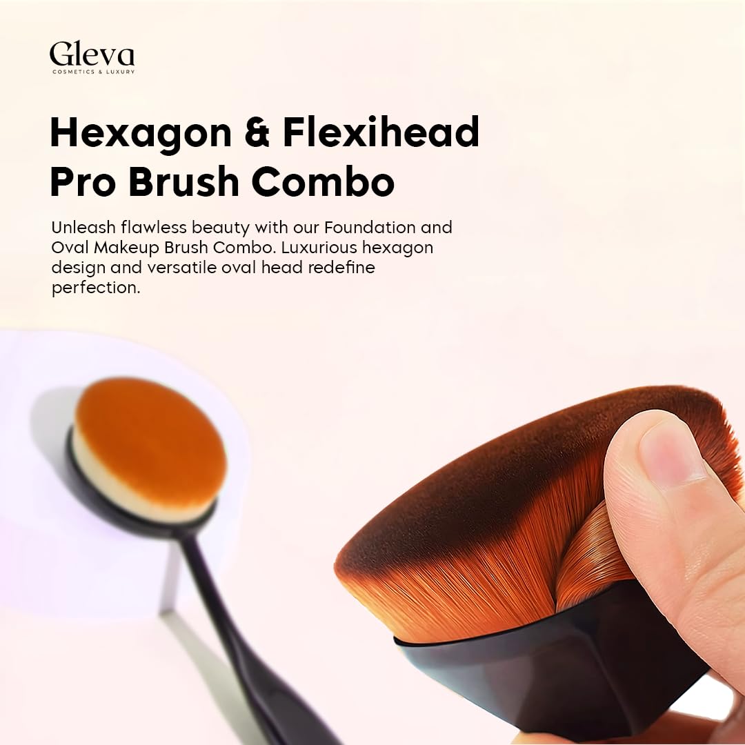 Gleva Professional Foundation Makeup Brush Set - Kabuki Hexagon & Flexible Oval Toothbrush Design for Liquid, Powder, Cream Blending, Contouring & Blush Application | Perfect for Everyday Makeup & Travel (Oval + Hexagon)