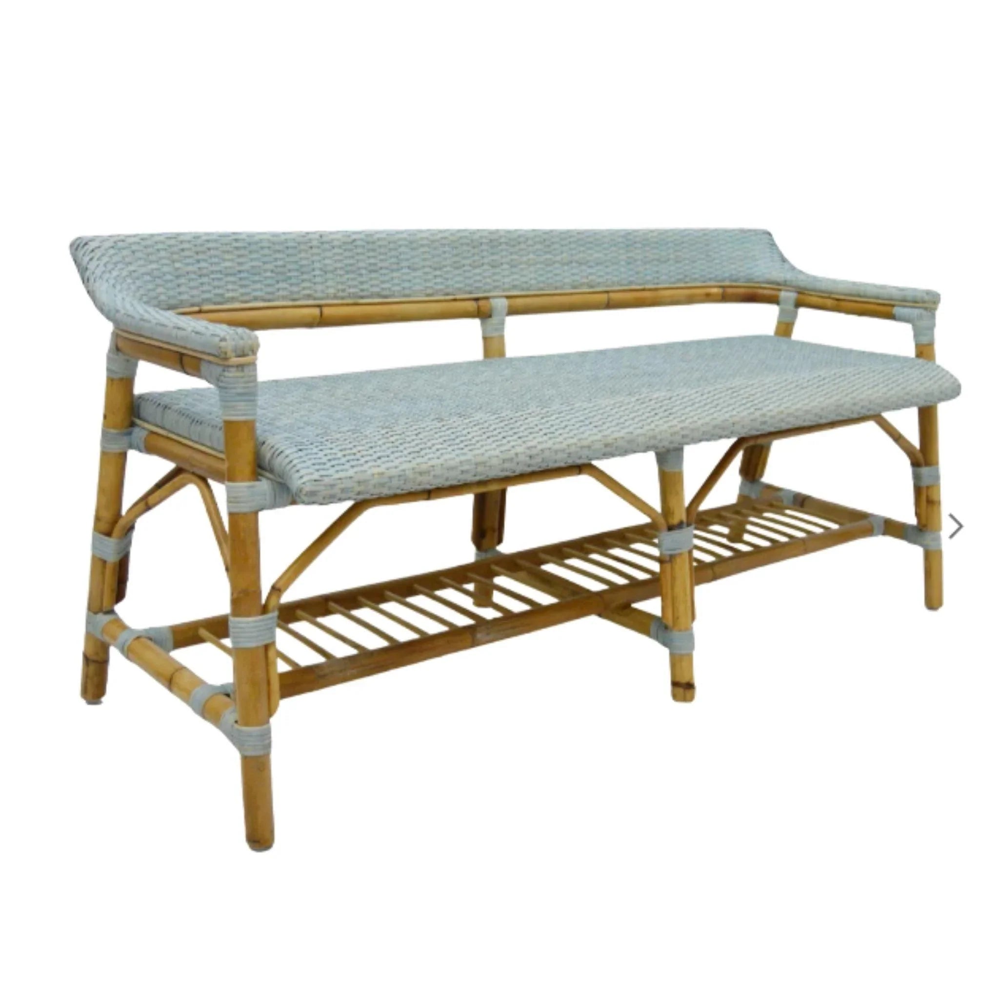 Coastal Blue Woven Bench - Handmade Rattan Outdoor Bench with Cushion - Perfect for Patio, Garden, Poolside & Beach House Decor