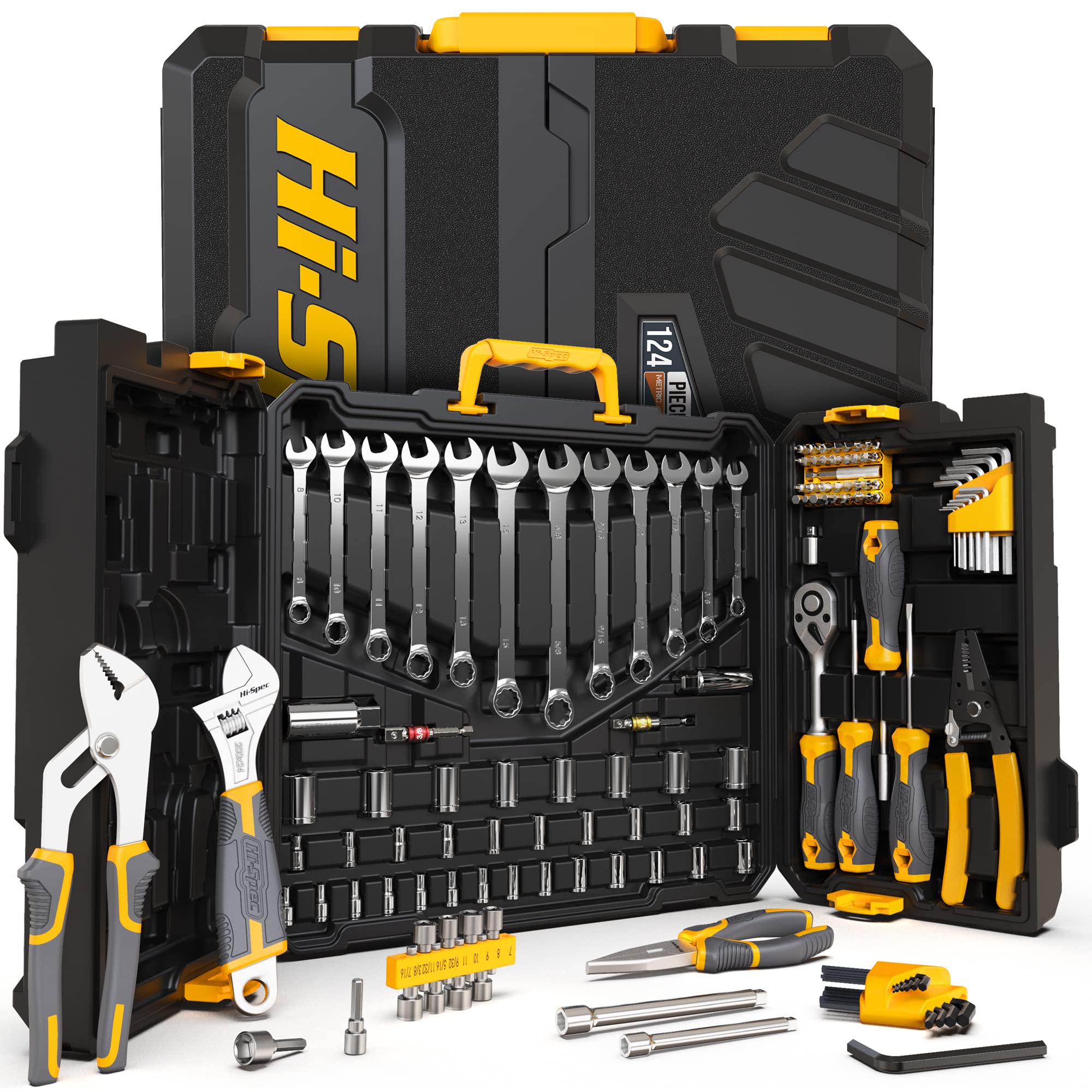 Hi-Spec 124-Piece Home & Garage Mechanics Tool Set - Complete Socket Wrench Kit for DIY Repairs & Auto Maintenance - Durable Plastic Storage Case Included - Perfect for Home Improvement, Car Repair & Professional Use