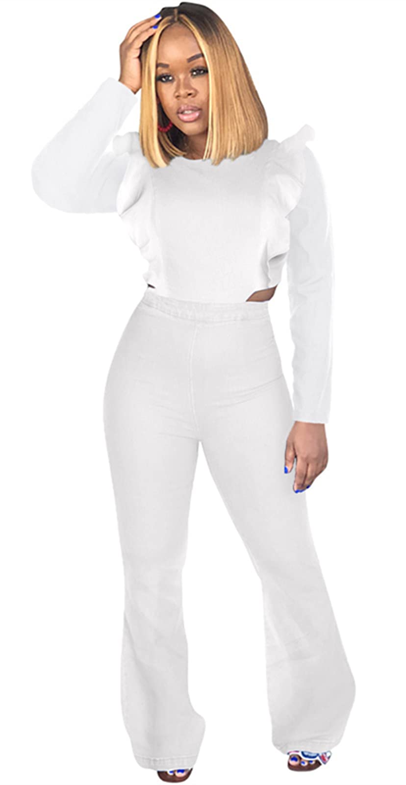 Women's Sexy Ruffled Denim Jumpsuit - Solid Color Wide Leg Long Romper Pants for Clubwear & Night Out | Casual Chic Outfit for Parties, Dating & Summer Fashion
