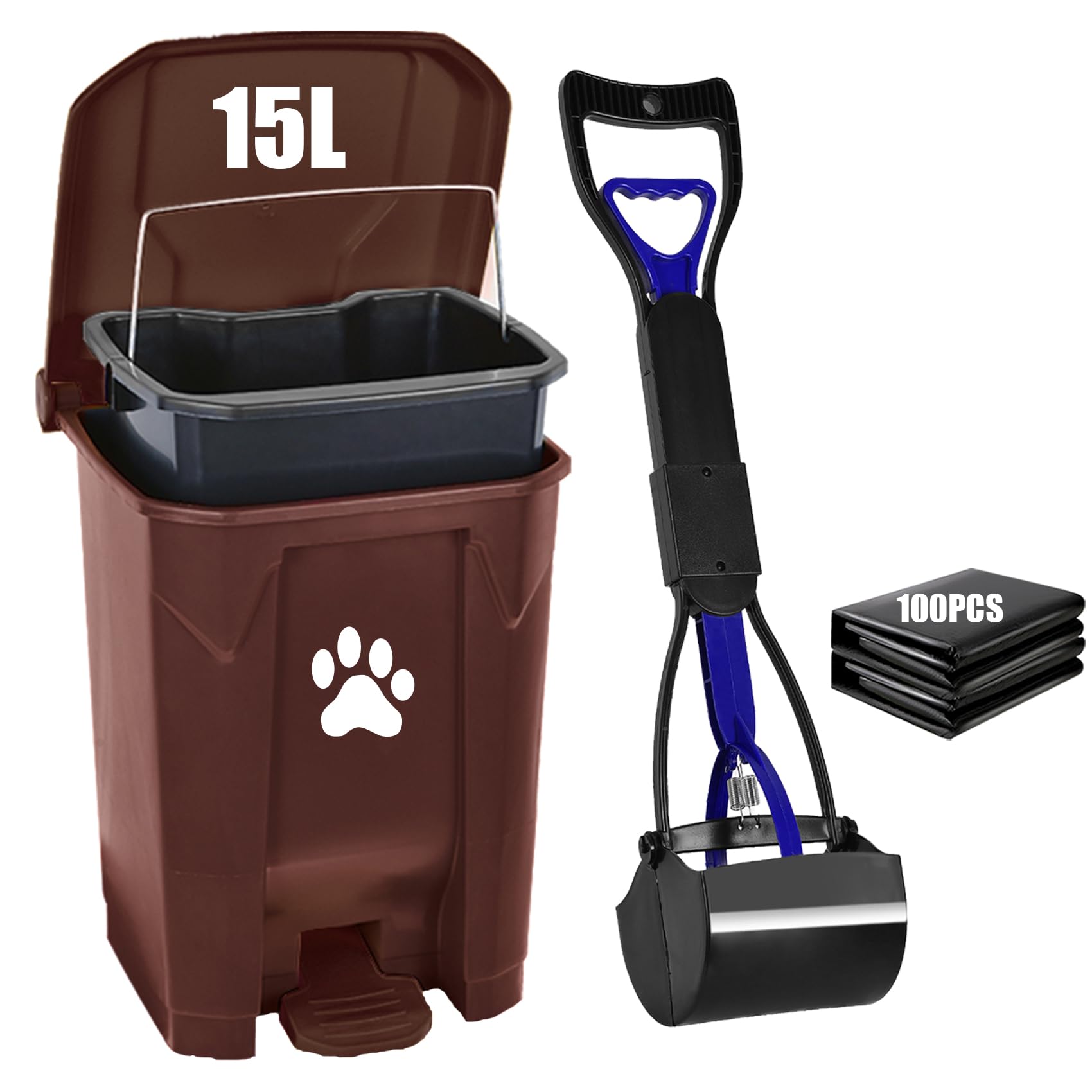 Outdoor Dog Waste Trash Can with Lid - Large Pet Poop Container with Inner Bin & Scooper - Durable Brown Fully Assembled for Yard, Garden, Kitchen - Perfect for Dog Owners & Pet Waste Management