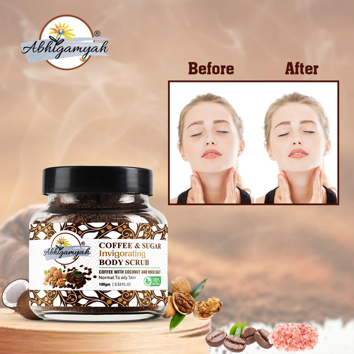 Abhigamyah Coffee & Sugar Body Scrub - Exfoliating Face & Body Scrub with Walnut Shell for Tan Removal - 8oz (Pack of 1) - Perfect for Spa Day & Post-Sun Care