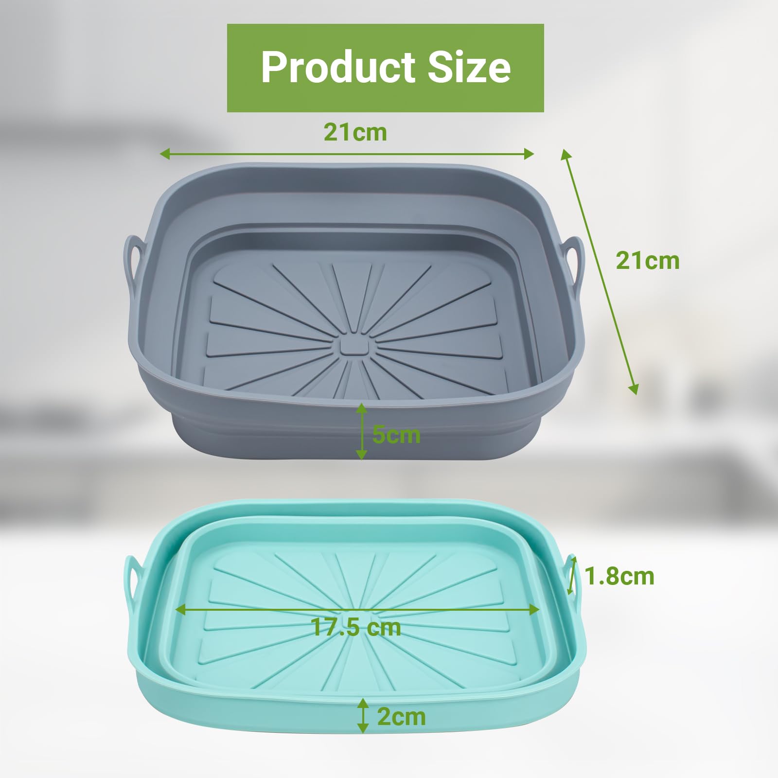 Alyvisun Silicone Air Fryer Basket Mold, 2-Piece Reusable Square Pan & Foldable Liner for Hot Air Fryer, Microwave & Oven (Blue + Gray) – Perfect for Healthy Cooking, Meal Prep & Snacks
