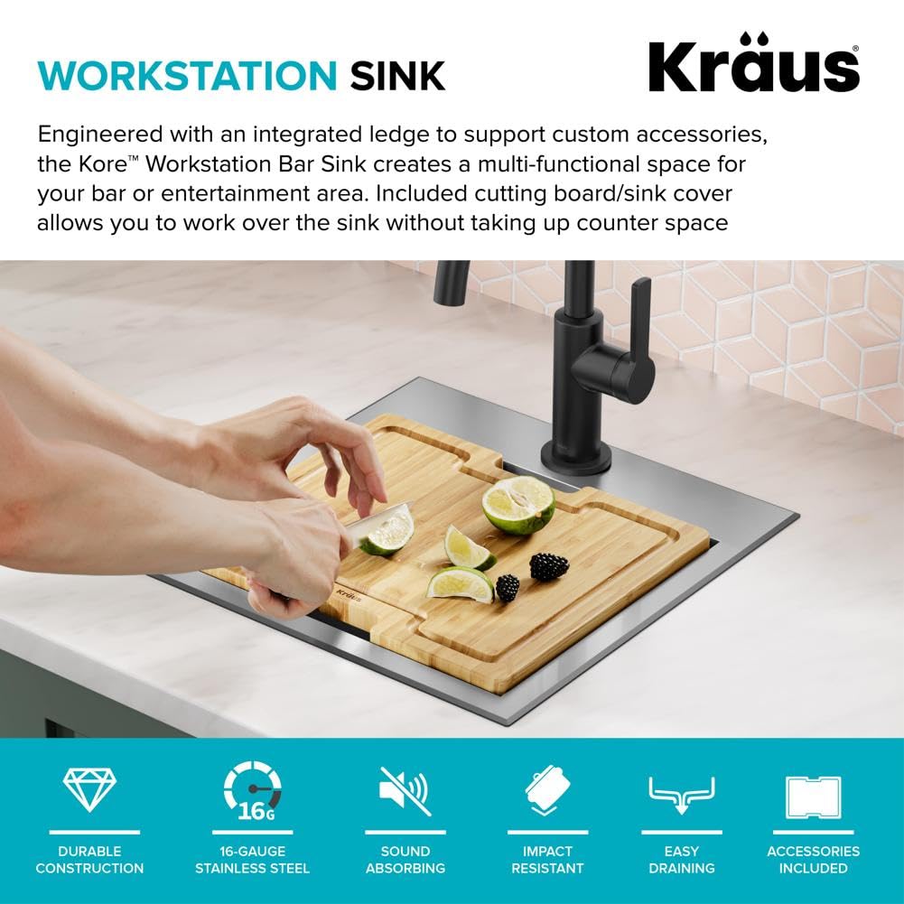 KRAUS Kore 15-Inch Drop-In/Top Mount Stainless Steel Kitchen Sink - 16 Gauge Single Bowl Bar Prep Sink with Accessories (Model KWT321-15) - Perfect for Small Kitchens, Bars, and Food Prep Stations