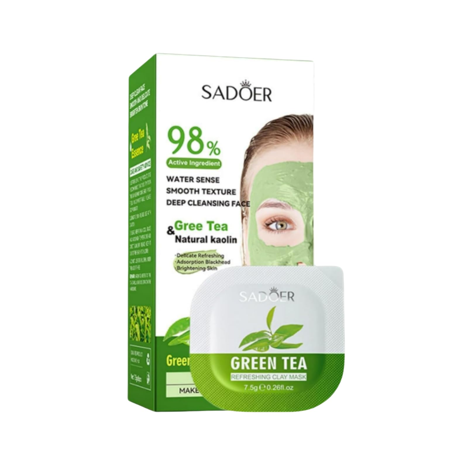 SADOER Green Tea Clay Mask for Deep Cleansing & Detoxifying - 8 Pack x 7.5g Natural Kaolin Facial Treatment | Perfect for Acne, Blackheads & Oily Skin Care Routine