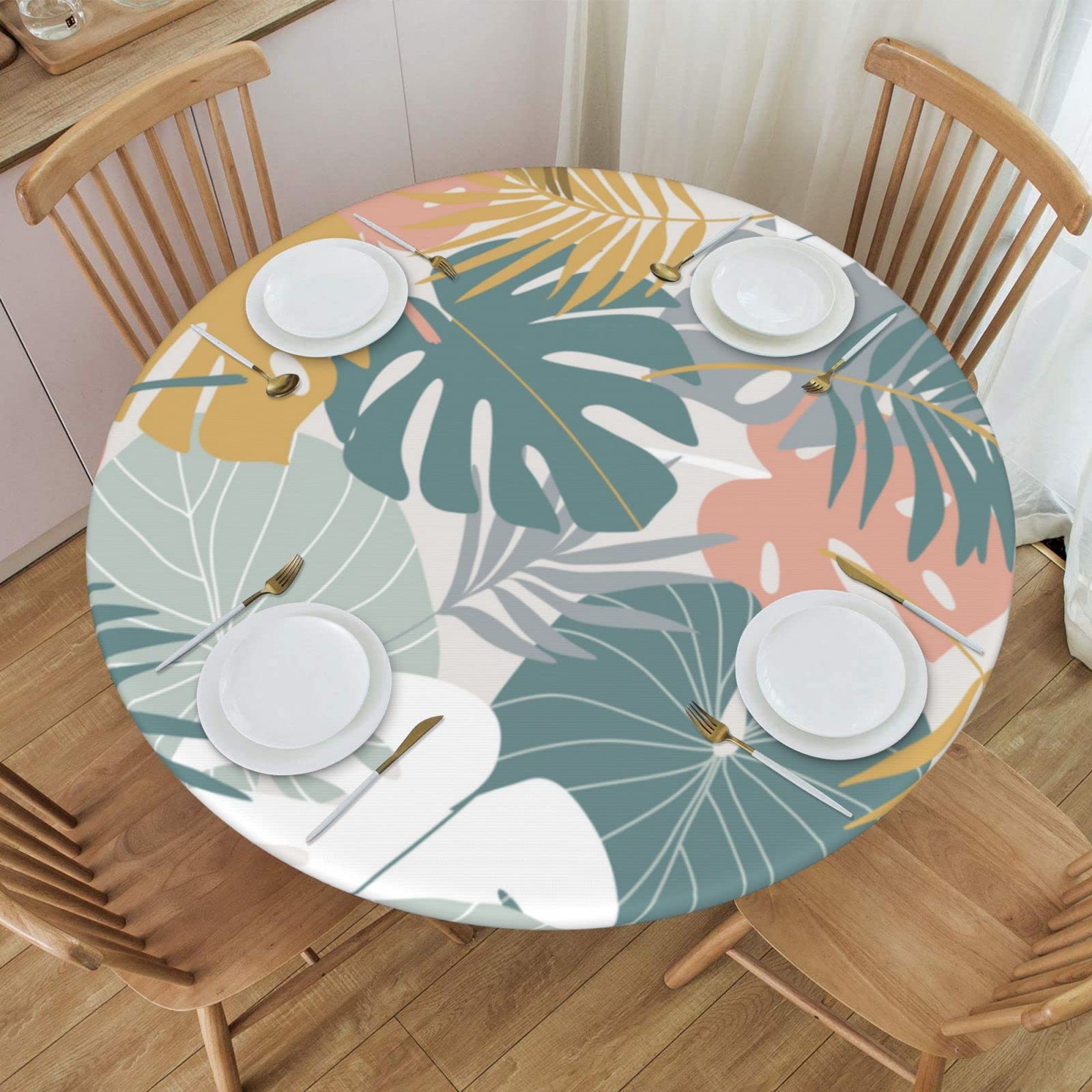 Waterproof Elastic Round Tablecloth - Tropical Palm Leaves Design for 40'' to 44'' Tables | Indoor & Outdoor Dining Decor | Perfect for Patio, Picnic, and Party Settings