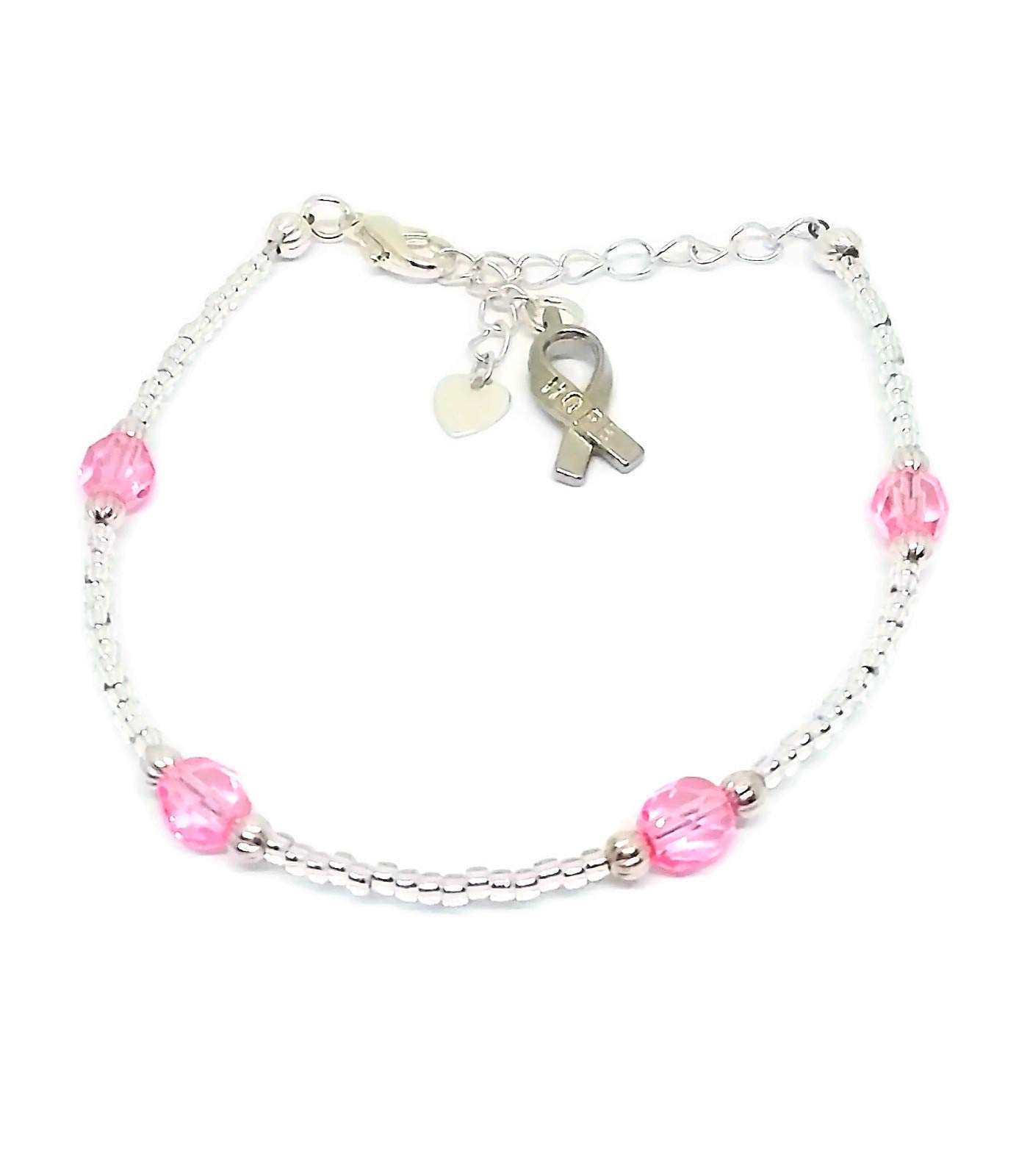 Breast Cancer Awareness Ankle Bracelet - Silver Tone Pink Ribbon Anklet with Heart Charm for Women | Hope & Support Jewelry Gift for Survivors, Fundraisers and Awareness Events