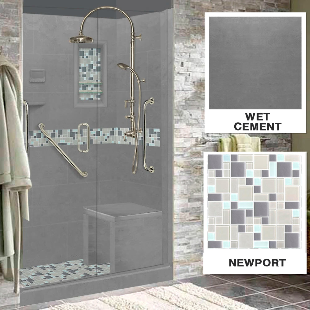 Freedom 60 Alcove Wet Cement Sistine Stone & Newport Mosaic Accent Tile - DIY Shower Remodel Kit for Bathroom Renovation | Waterproof Backsplash & Shower Wall Tile Installation