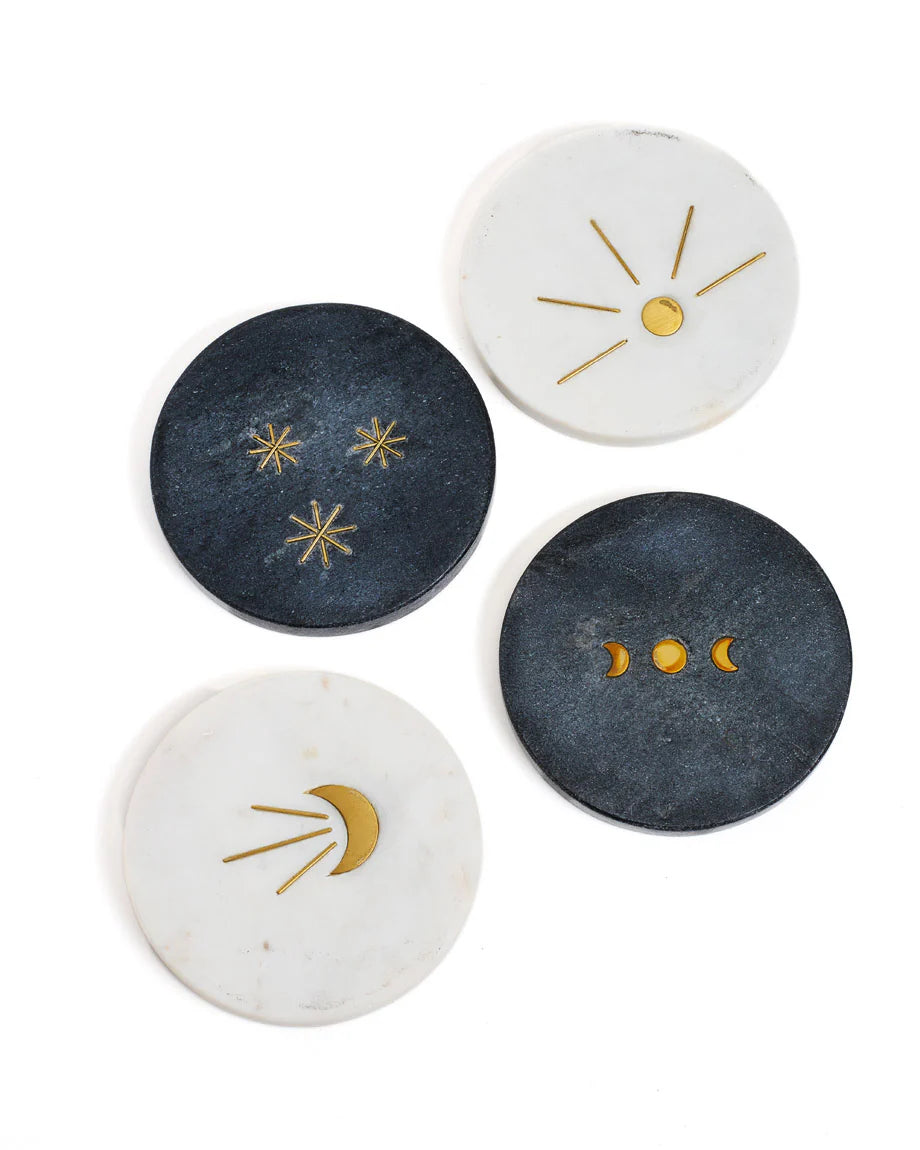 Moon & Stars Marble Coasters Set of 4 - Elegant Stone Drink Coasters for Coffee Table, Bar, Office - Perfect Gift for Home Decor & Housewarming