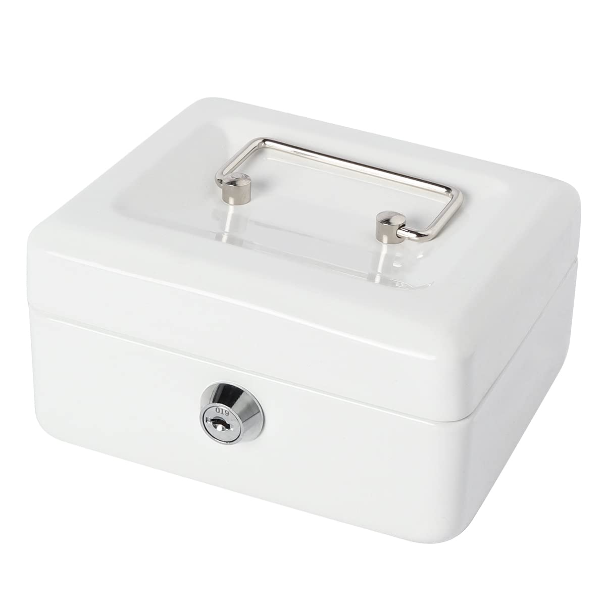 Small Lock Box with Money Tray - Portable Metal Cash Safe for Kids & Home Use - Secure Storage for Money, Jewelry & Valuables - Perfect for Piggy Bank, Allowance Savings & Home Office Organization (White)
