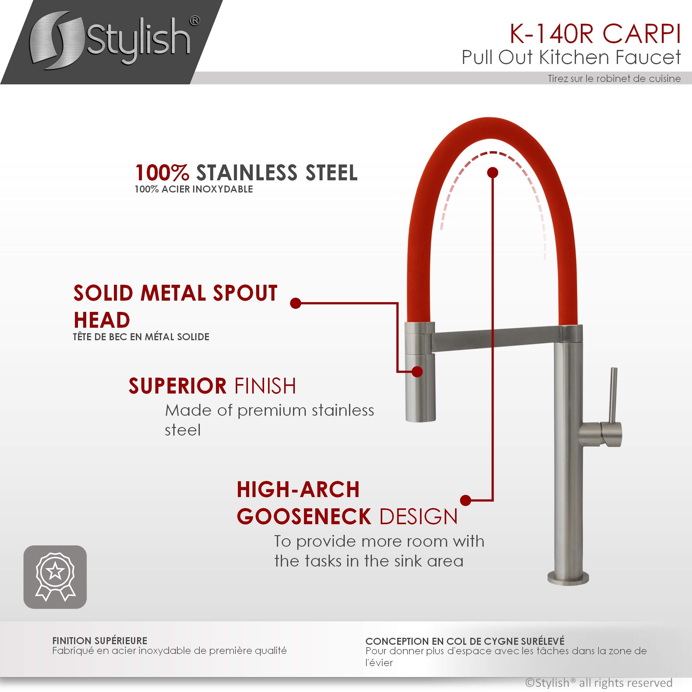 Stylish Pull Out Kitchen Faucet with Dual Function Sprayer - Single Handle Brushed Stainless Steel Sink Faucet with Silicone Red Hose, Ceramic Cartridge & Aerator (Model K-140R) - Perfect for Modern Kitchens, Dishwashing & Food Prep