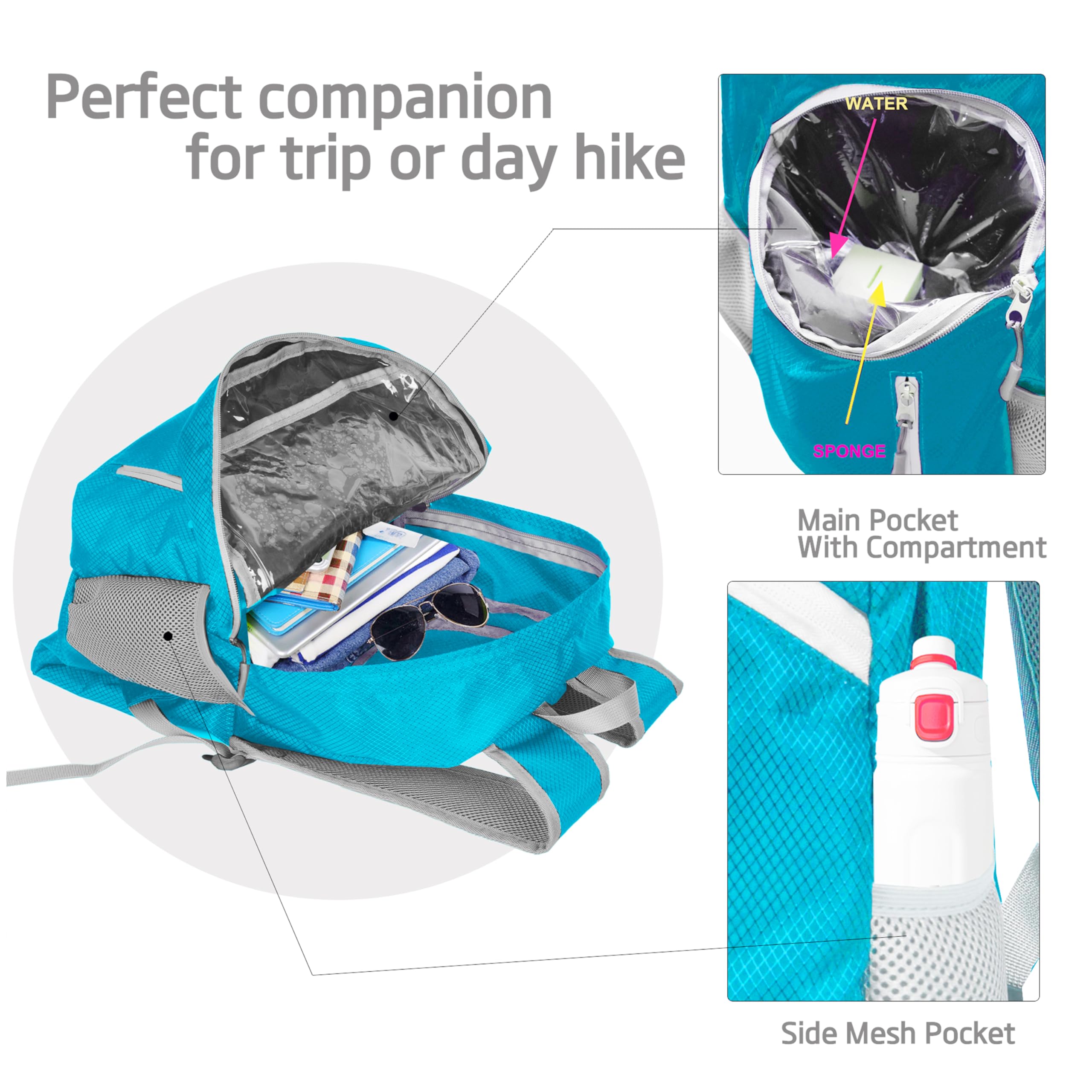 35L Foldable Waterproof Backpack for Hiking, Travel & Outdoor Sports - Lightweight Packable Daypack with Wet Clothes Compartment - Perfect for Camping, Gym & Daily Use (Sky Blue)