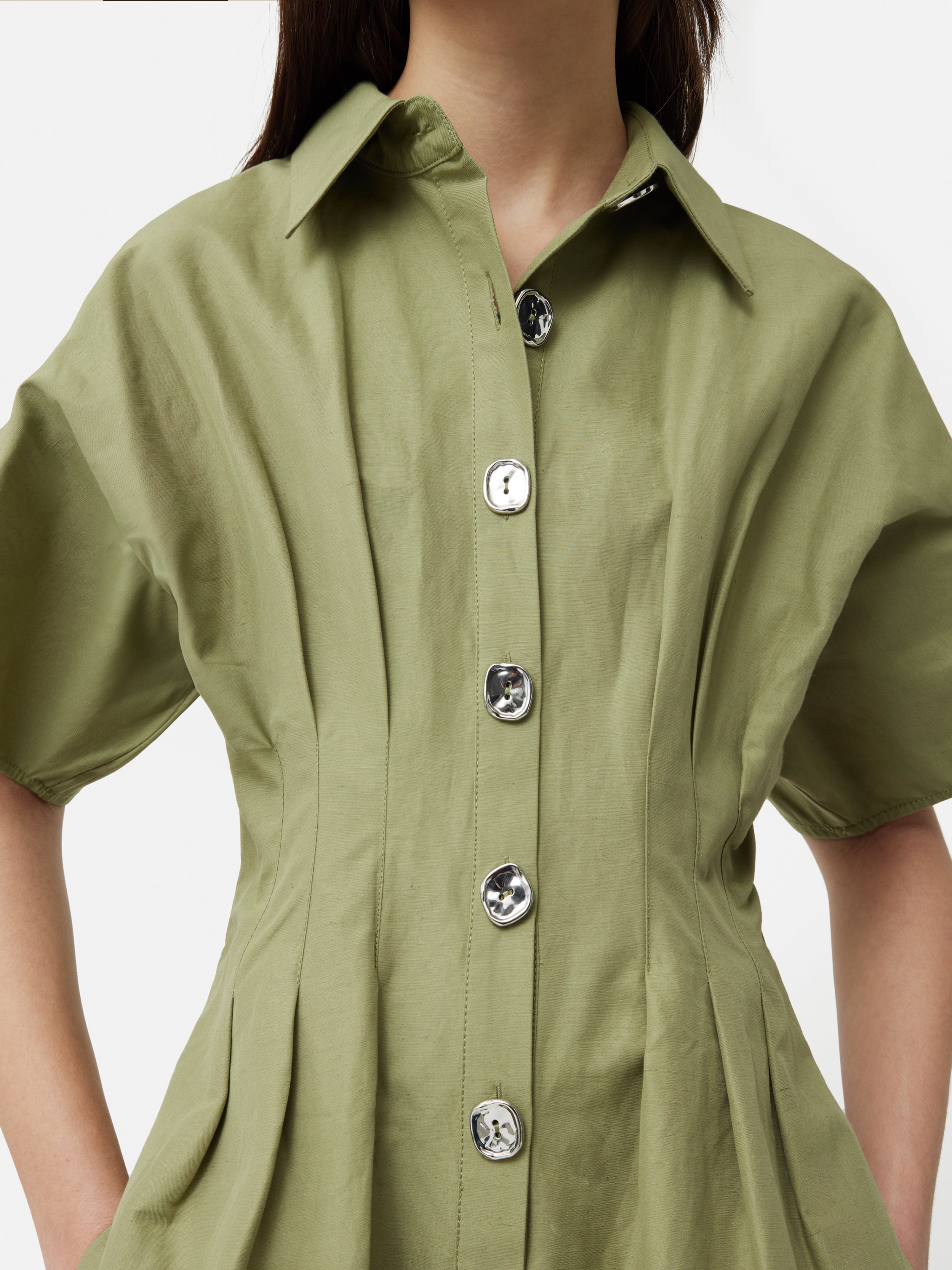 Elegant Cotton Stitched Pleat Dress in Green | Women's Casual Summer Dress for Outdoor Parties & Beach Vacations