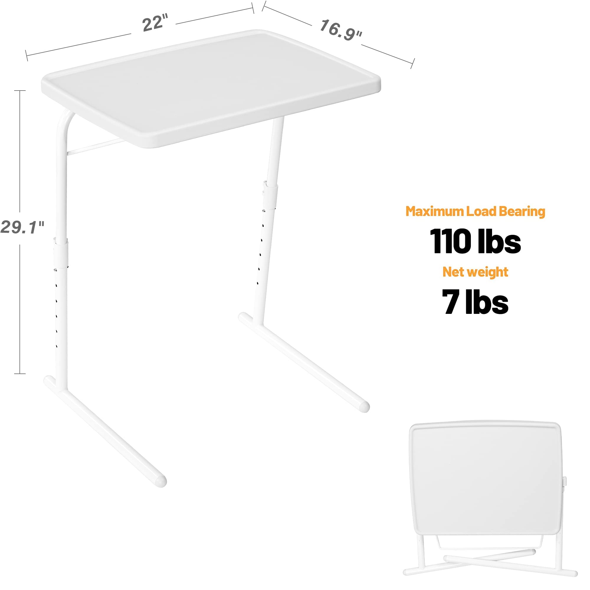 Allpop Max Adjustable TV Tray Table - Large Folding Laptop Stand with 6 Height Settings & 3 Angle Tilts - Perfect for Eating, Working & Watching TV in Bed or on Couch (White) - Ideal for Home Office, Dorm Room & Small Space Living