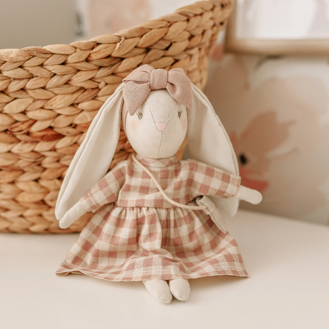 Alimrose Mini Sofia Bunny Plush Toy - Soft Rose Check Stuffed Animal for Kids, Perfect for Gifts, Nursery Decor & Cuddling
