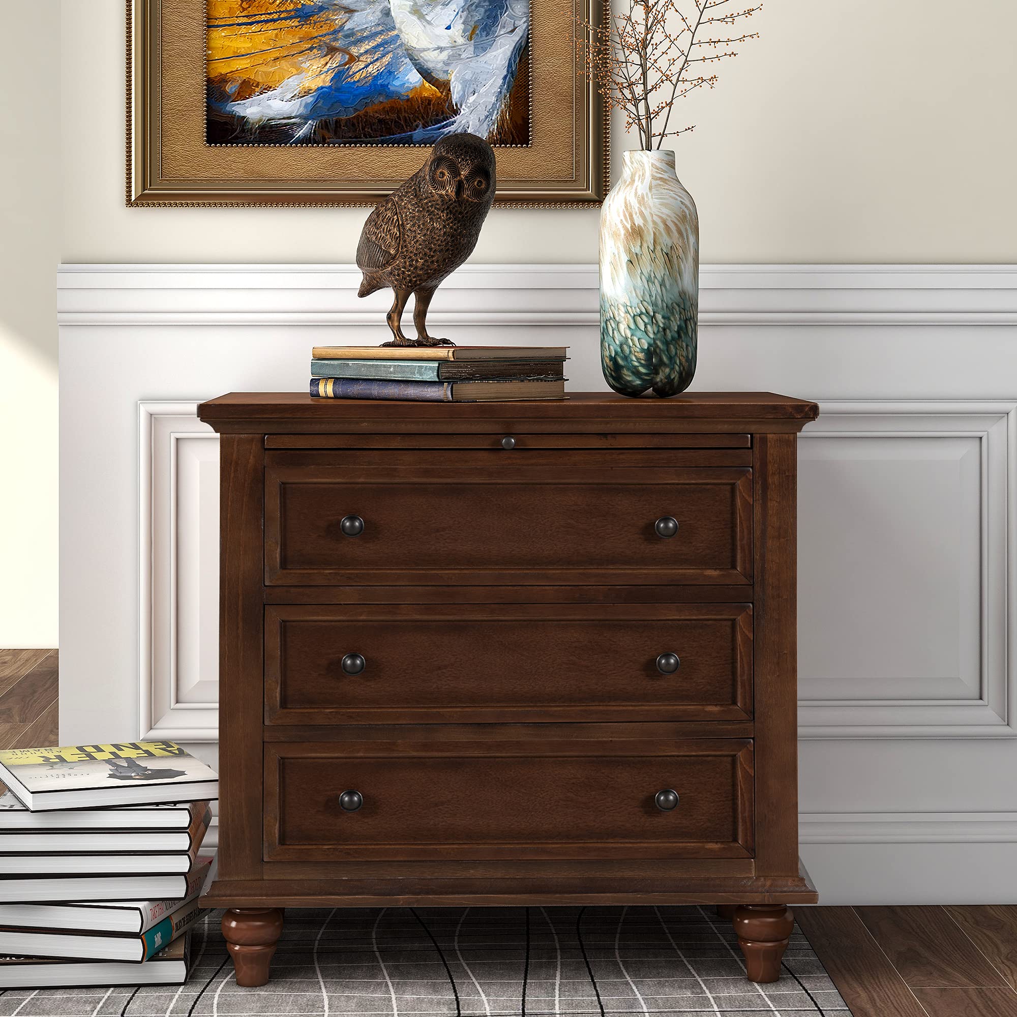 Modern Brown 3-Drawer Pine Wood Dresser Nightstand - Solid Wood Chest of Drawers for Bedroom, Living Room & Entryway | Fully Assembled Storage Solution for Closet Organization & Hallway Decor