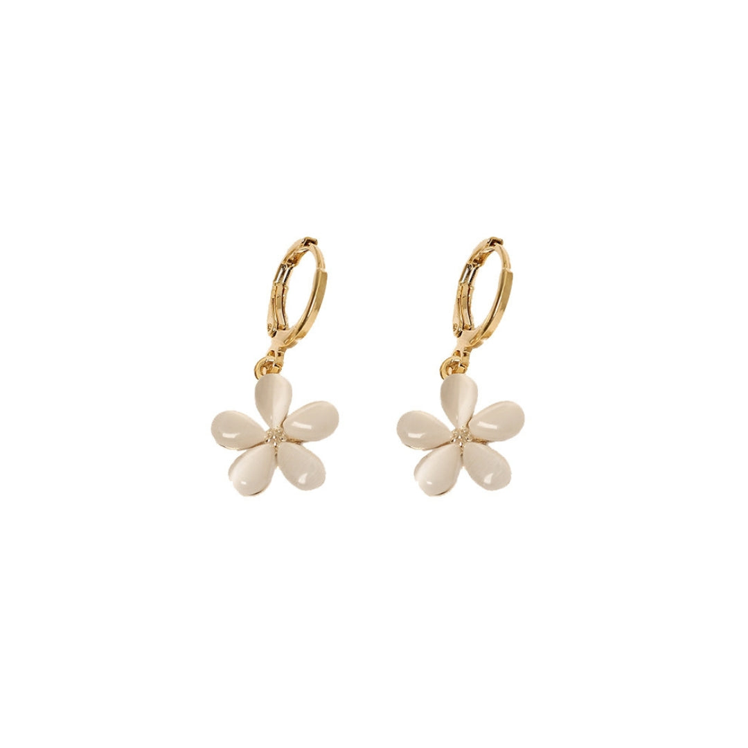 Cat Eye Stone Flower Charm Drop Hoop Earrings for Women | HE6205 | Elegant Jewelry for Parties, Weddings & Special Occasions