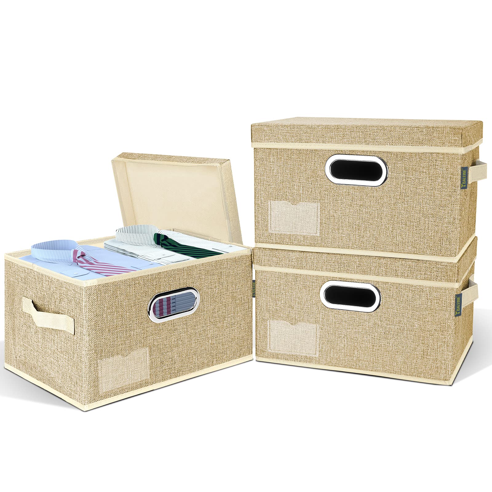 BALEINE Foldable Storage Bins with Lids - 3 Pack Jumbo Beige Linen Fabric Collapsible Closet Organizer Containers for Home, Bedroom & Office | Perfect for Seasonal Clothes, Toys & Blanket Storage