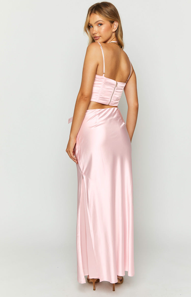 Elegant Azriel Pink Satin Maxi Skirt with Bow Detail - Women's Flowy Long Skirt for Weddings, Parties & Special Occasions