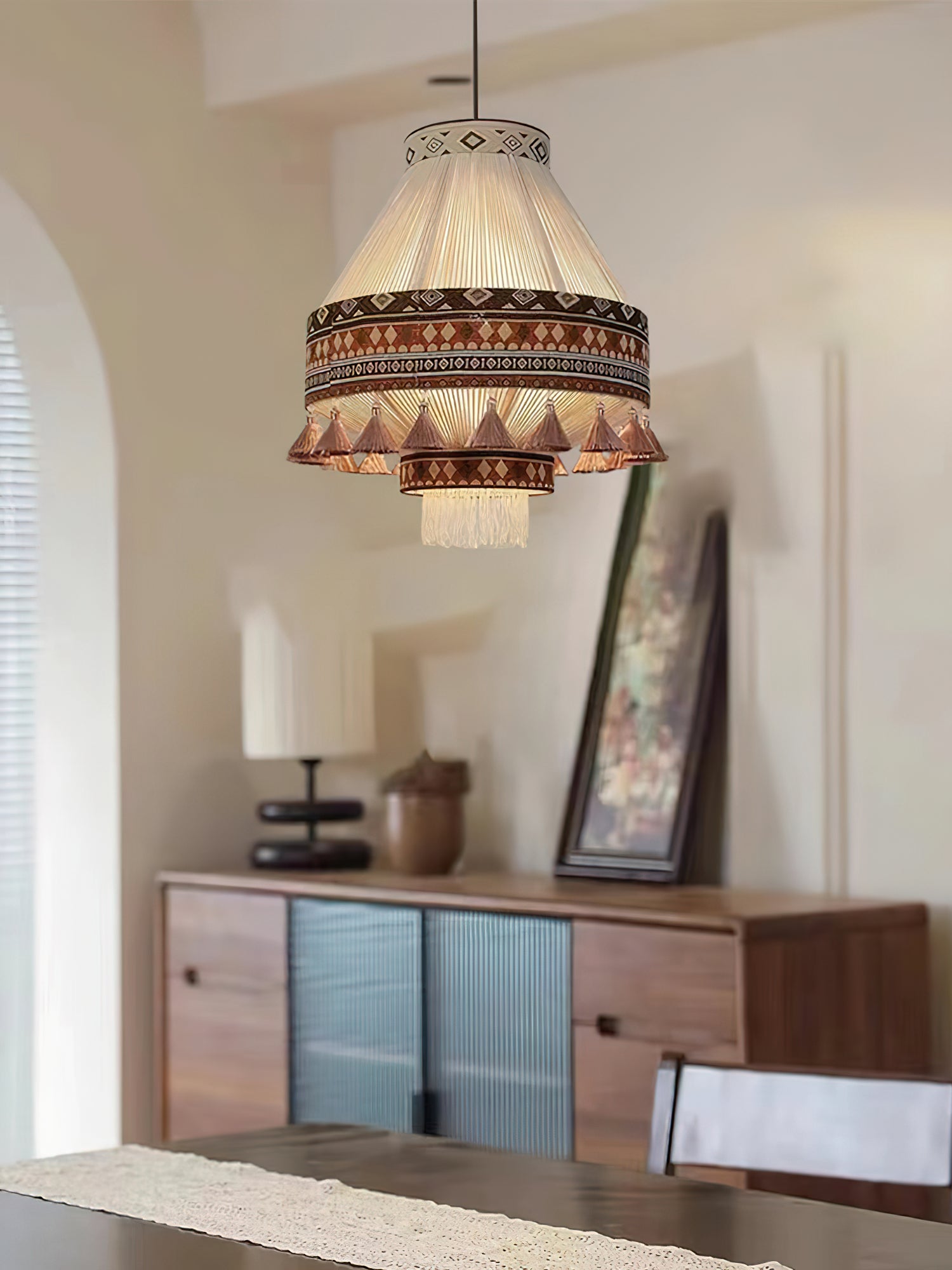 Bohemian Fringe Pendant Lamp - Handmade Rattan Chandelier for Living Room, Bedroom & Dining Room Decor | Boho Style Ceiling Light Fixture for Home & Cafe