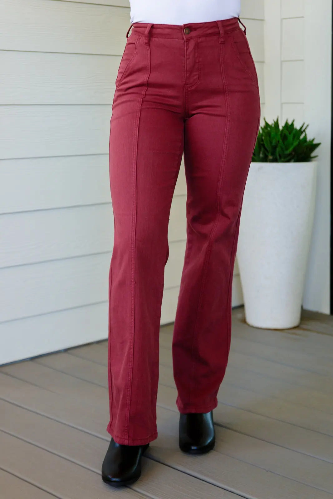 Phoebe High Rise Front Seam Straight Jeans in Burgundy - Women's Slim Fit Stretch Denim Pants for Casual Wear & Everyday Outfits