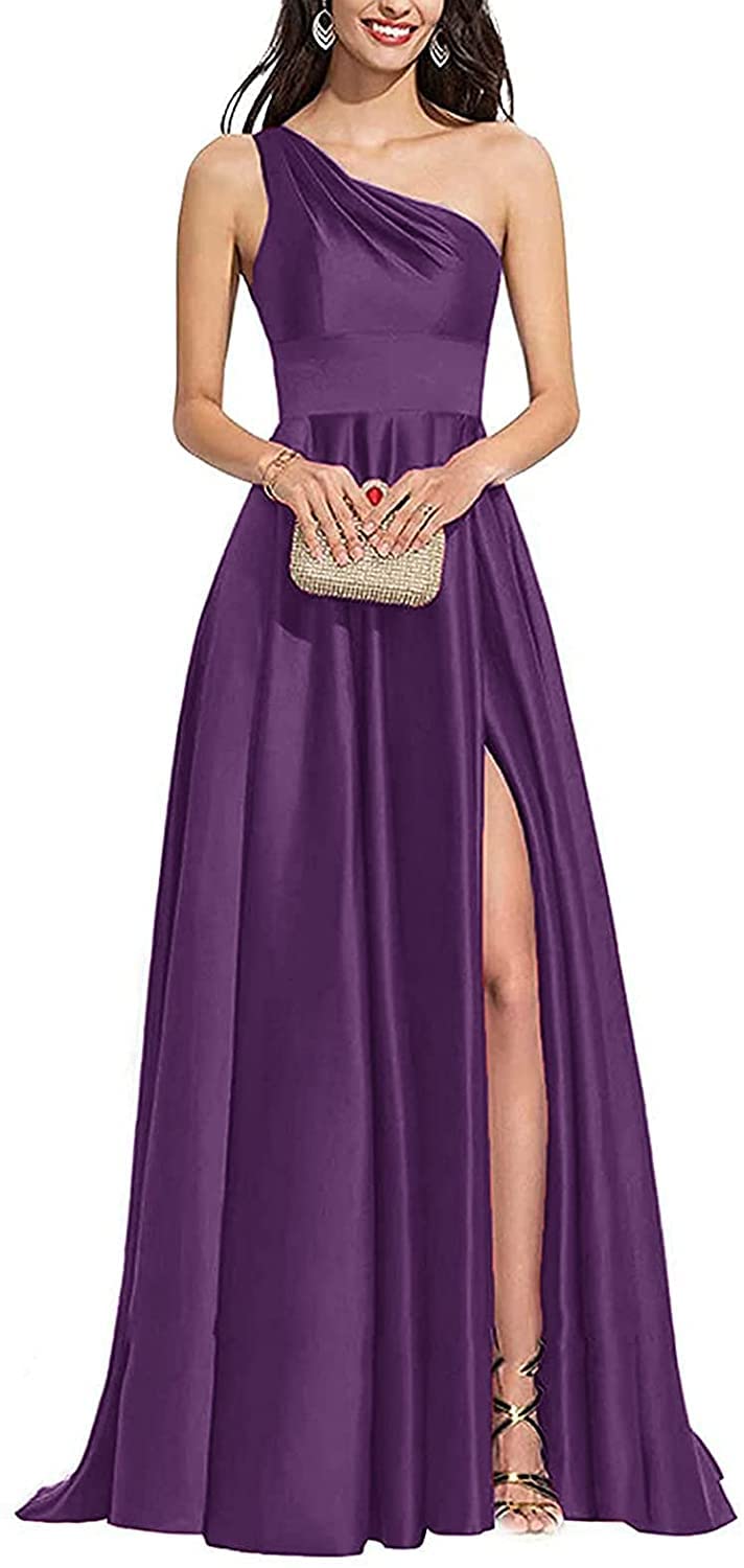 Elegant One Shoulder V-Neck Satin Bridesmaid Dress with High Slit - Women's Formal Evening Gown for Weddings, Parties & Special Occasions