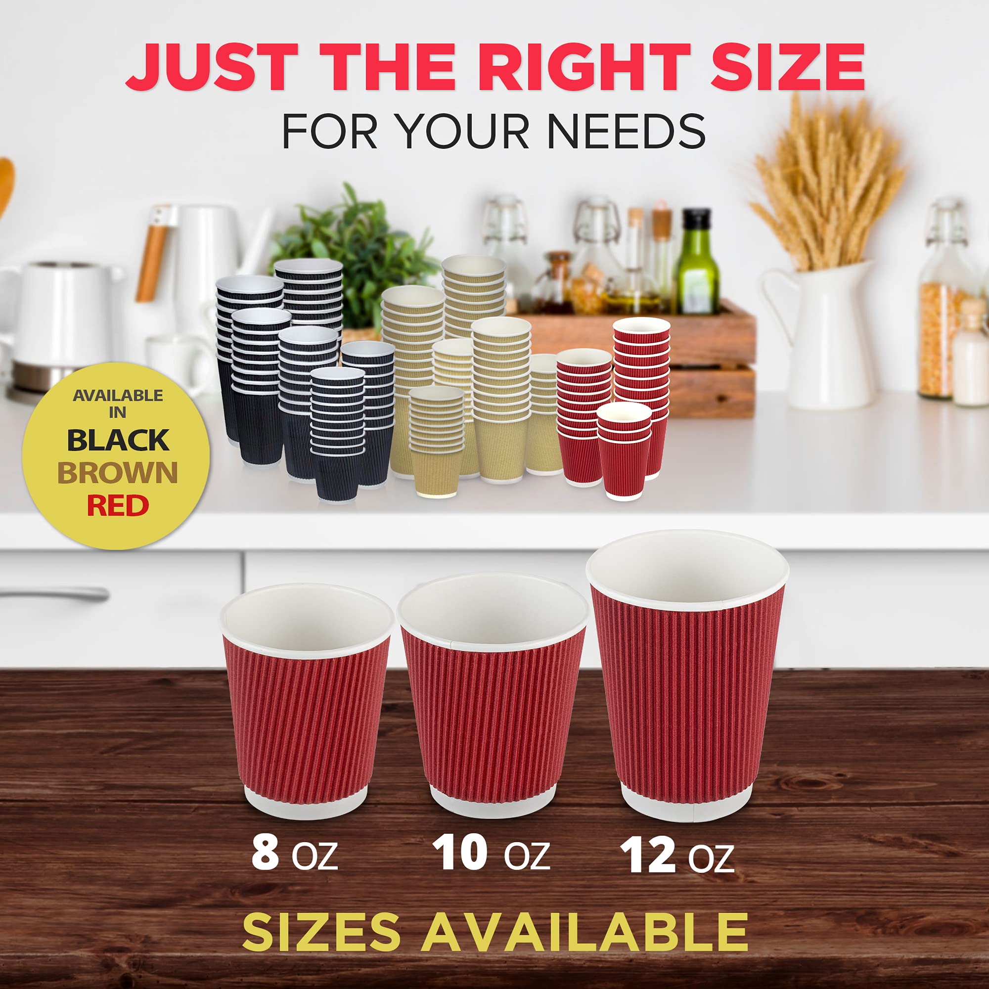 500 Pack 12 oz Red Disposable Coffee Cups - Triple Wall Insulated Hot Drink Cups for Coffee, Hot Chocolate & Tea | Travel, Office, Home & Catering Use | Eco-Friendly Corrugated Paper Cups (Lids Not Included)