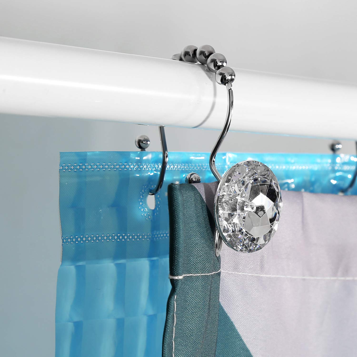 12-Pack Crystal Shower Curtain Hooks - Stainless Steel Rust-Proof Double Rings for Bathroom Decor (White) - Perfect for Showers, Bathtubs & Home Spa Setup