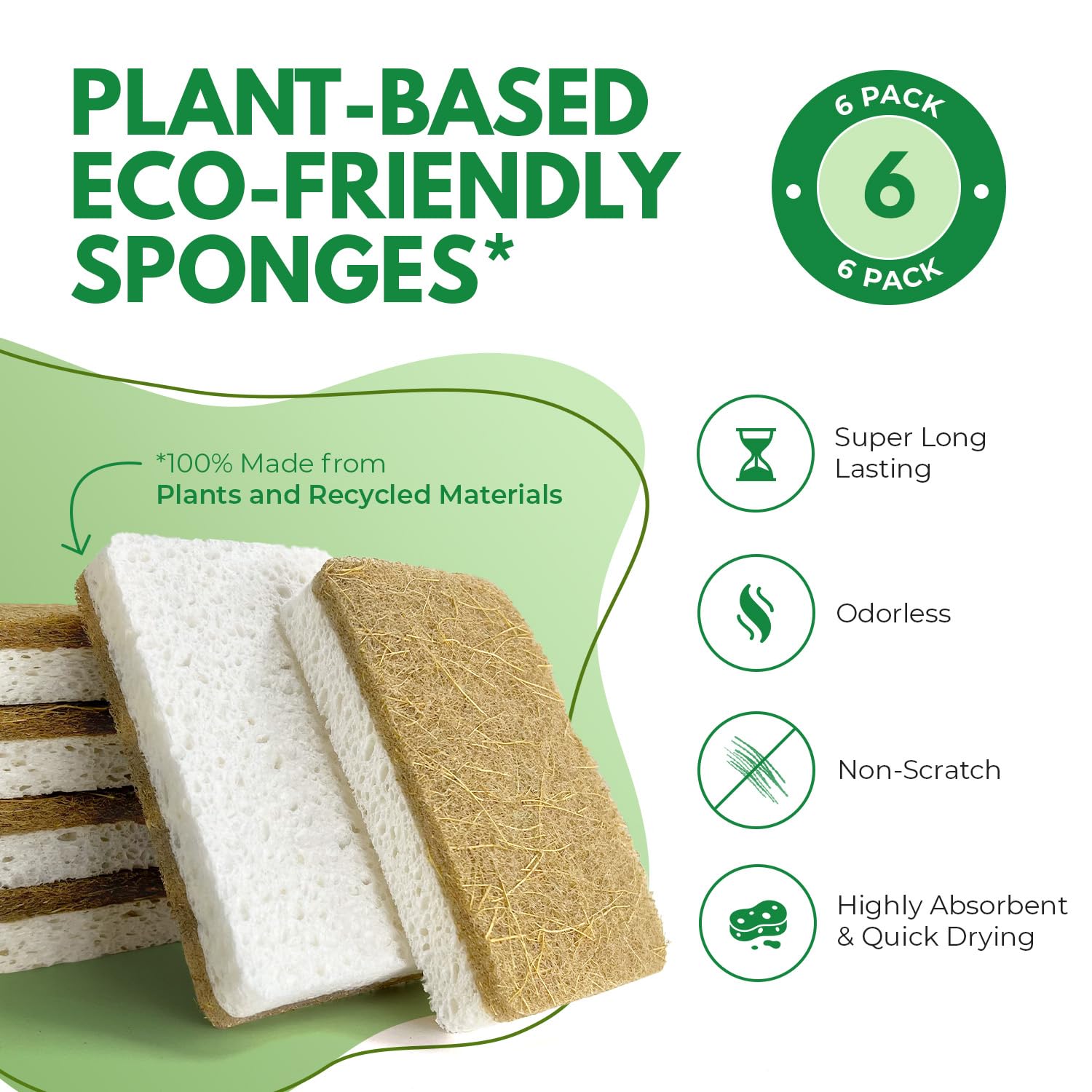 6-Pack Natural Kitchen Sponges - Eco-Friendly Cellulose & Coconut Husk Scrub Sponges for Dishwashing | Odor-Free, Non-Scratch Walnut Scrubber | Quick-Drying Sponges for Sinks, Countertops & Cookware Cleaning