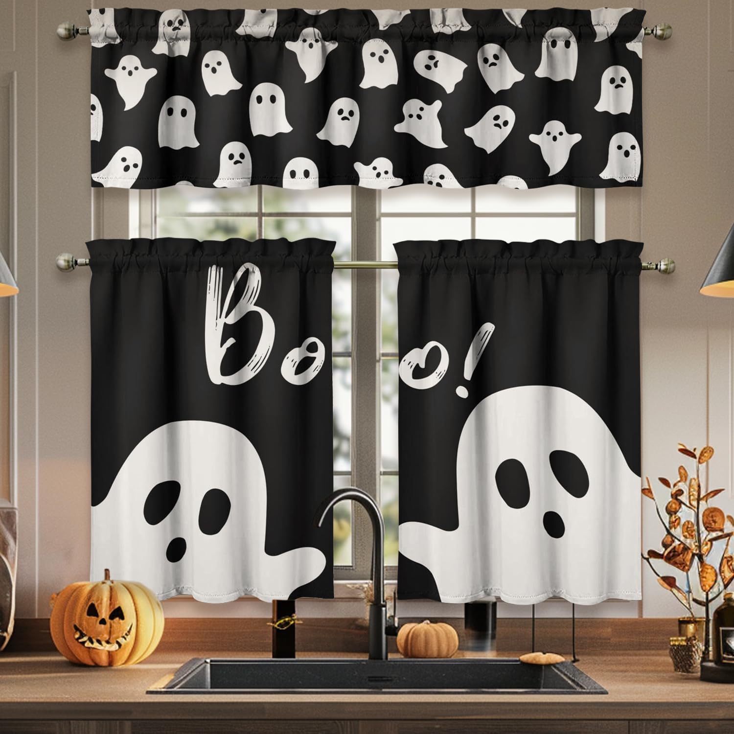 Spooky Halloween Kitchen Curtains 3-Piece Set - Ghost Design for Sink Window Decor
