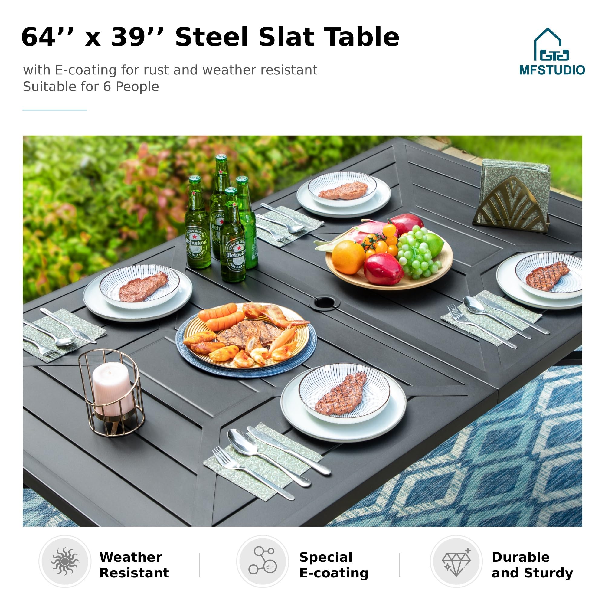 MFSTUDIO 7-Piece Outdoor Dining Set - Black Metal Rectangular Table with 6 Rattan Wicker High-Back Chairs, Patio Furniture for Garden, Backyard, and Poolside Entertaining