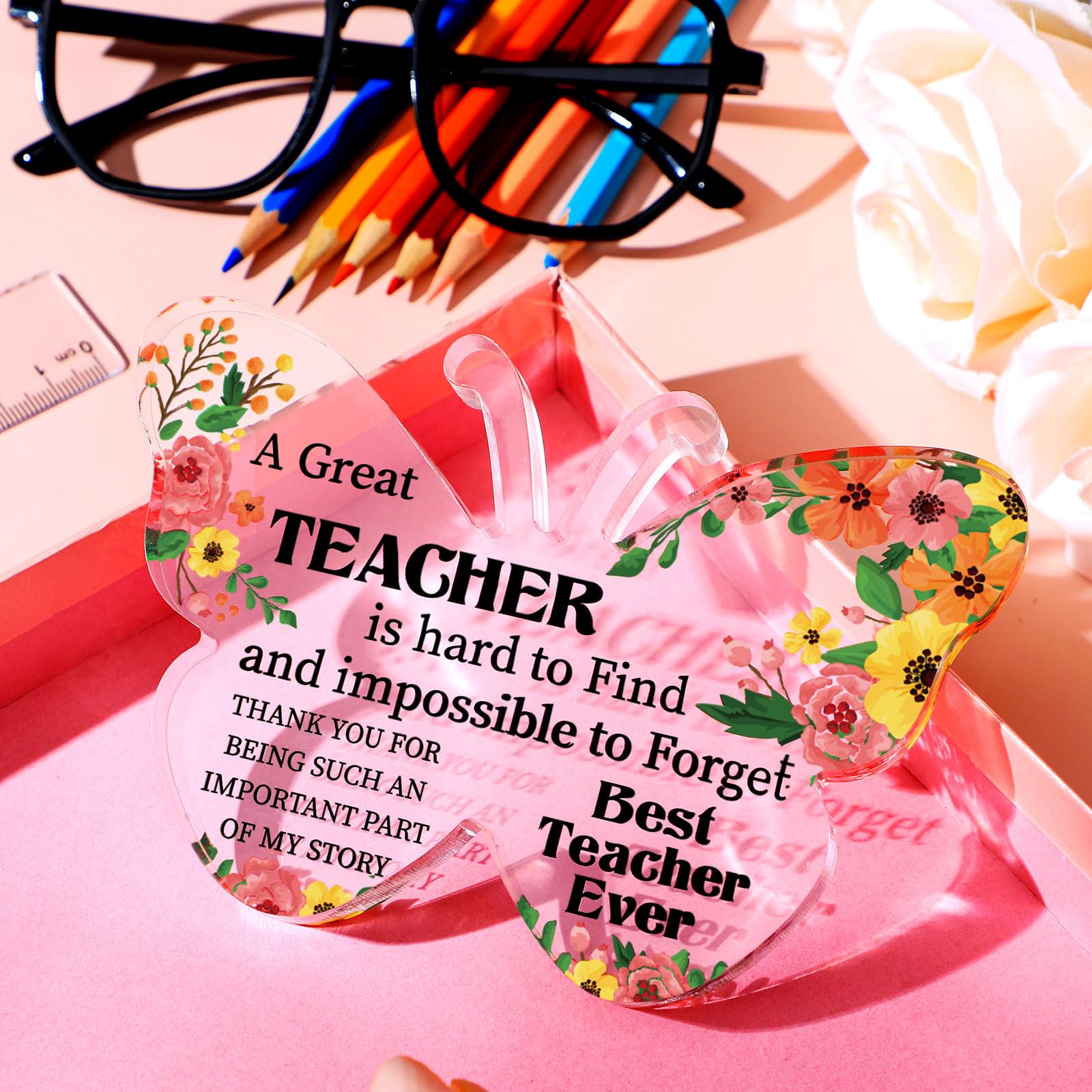 Acrylic Teacher Appreciation Gift - Butterfly Paperweight for Desk Decor, Graduation & Office