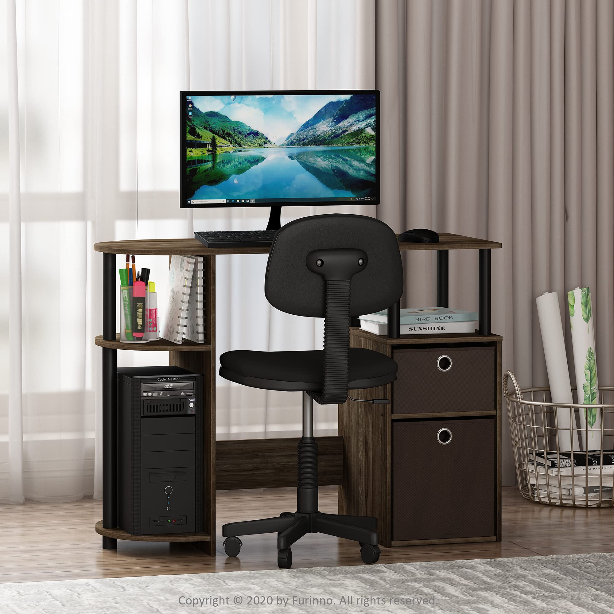 Furinno JAYA Simplistic Computer Study Desk - Columbia Walnut, Black, Dark Brown | Compact Home Office Desk for Small Spaces, Dorm Room, Bedroom & Workspace